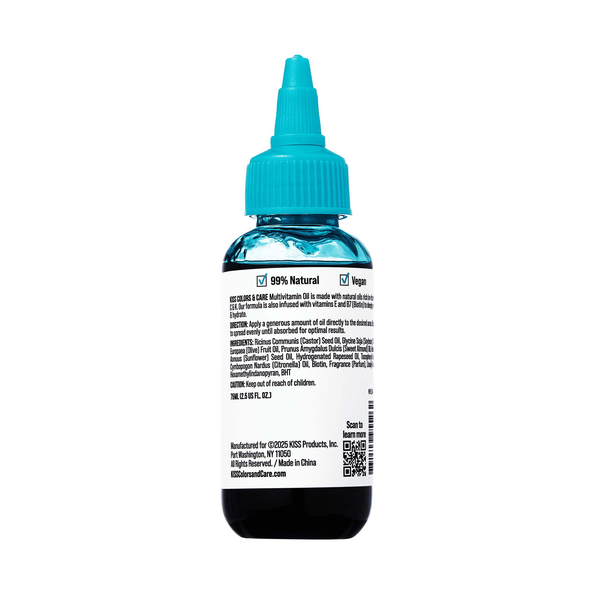 Clear blue plastic bottle of KISS Colors & Care Multivitamin Oil - Black Castor shown from the back with text highlighting 99% natural, vegan, directions, ingredients, and a QR code.