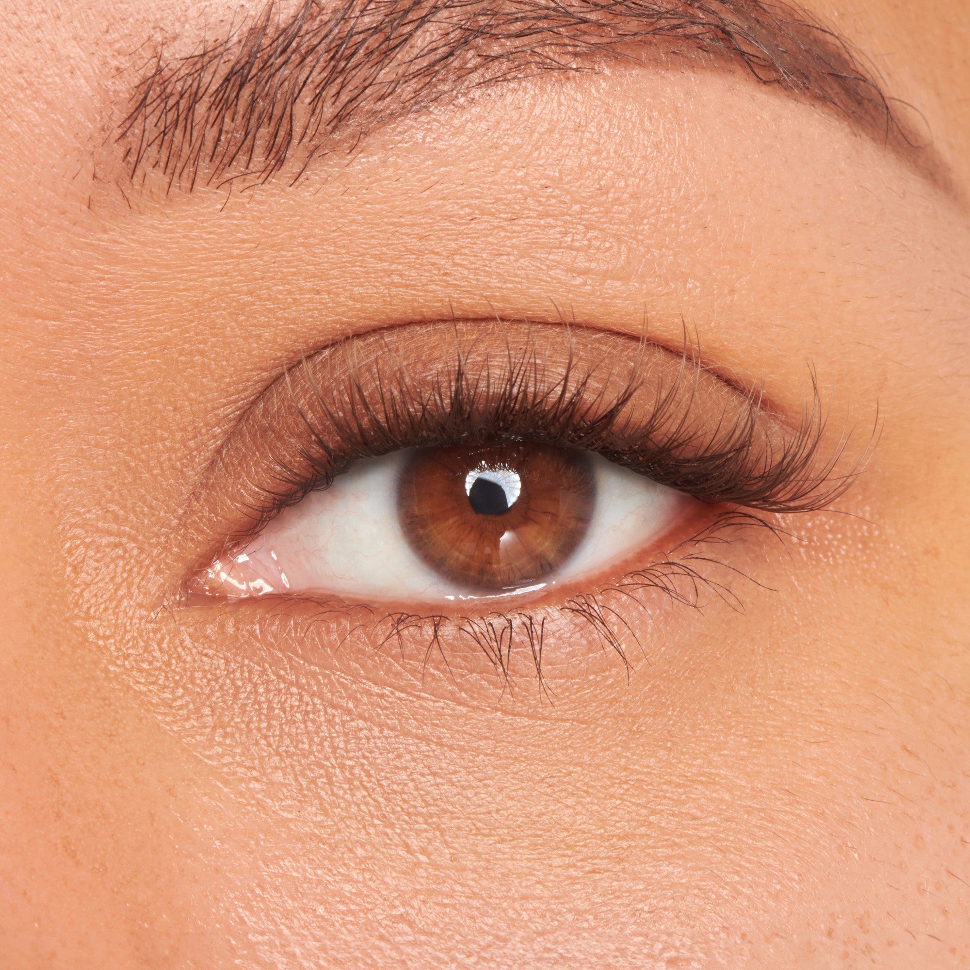 The image features a close-up of a human eye, showcasing a rich brown iris and a well-defined pupil. The skin around the eye appears smooth and lightly textured, with natural tones. The eyelashes are long and dark, framing the eye beautifully. The overall focus is on the eye, highlighting its intricate details and the subtle variations in color and texture.