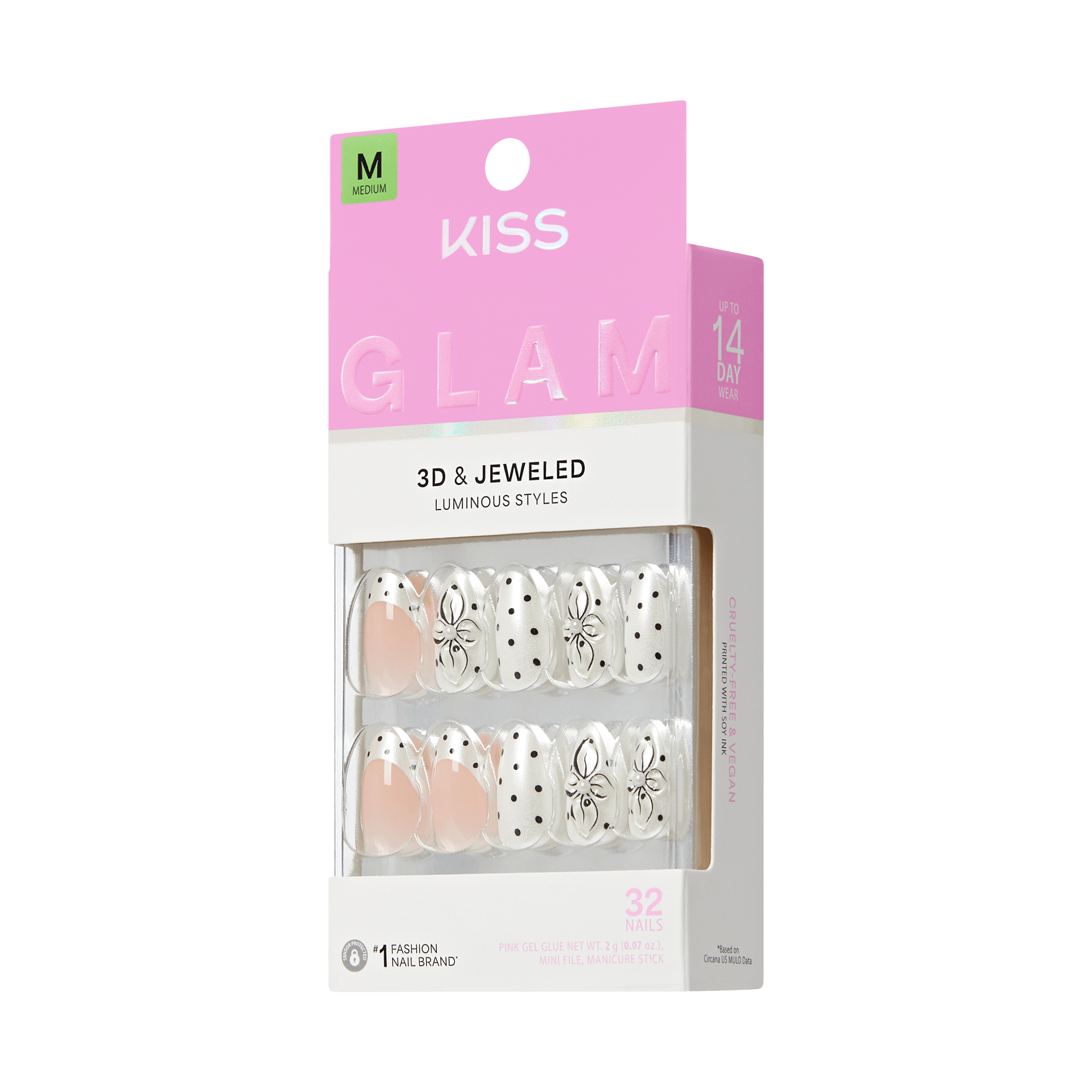 Kiss Glam Jeweled Press On Fake Glue Nails - Mood Pop | 3D & Jeweled French Design, Black & White, Medium, Almond
