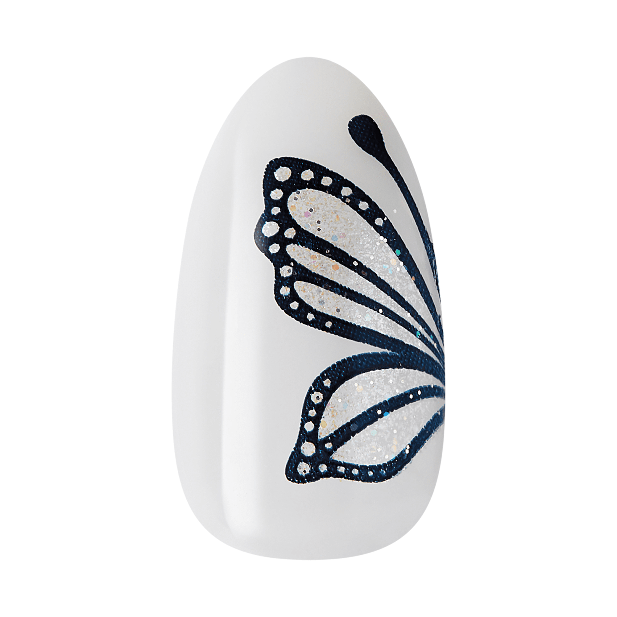 The image features a nail art design on a nail tip. The background is a glossy white, and prominently displayed is a detailed butterfly design. The butterfly is outlined in black and filled with a sparkling, glittery texture that adds a shimmering effect. The wings are intricately designed with patterns, showcasing a blend of elegance and creativity in the nail art.