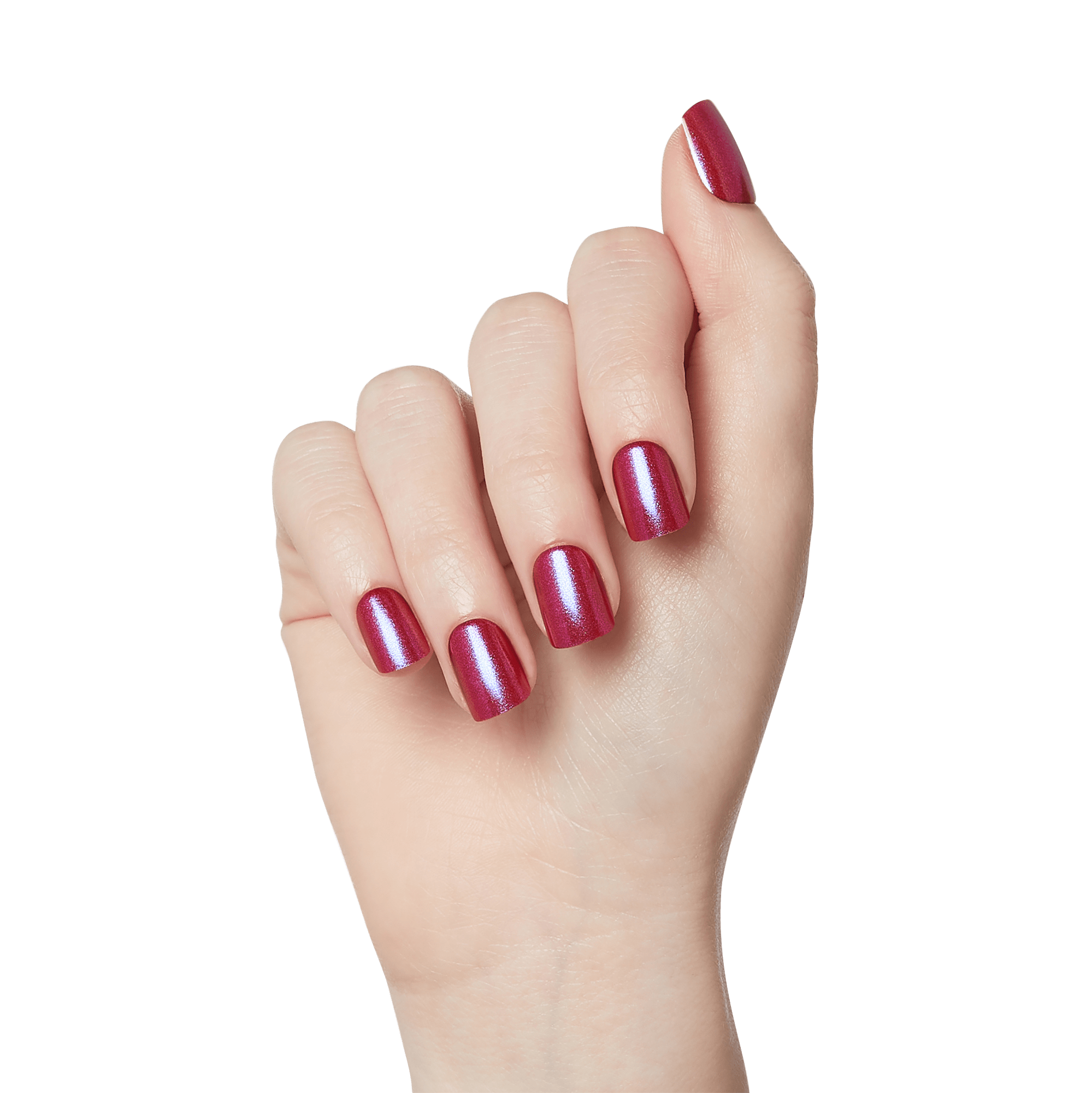 The image shows a close-up of a hand with neatly manicured nails. The nails are painted with a glossy, metallic red nail polish. The hand is positioned with the fingers slightly bent, and the background is plain white, which highlights the color and shine of the nail polish. The skin tone of the hand is light.