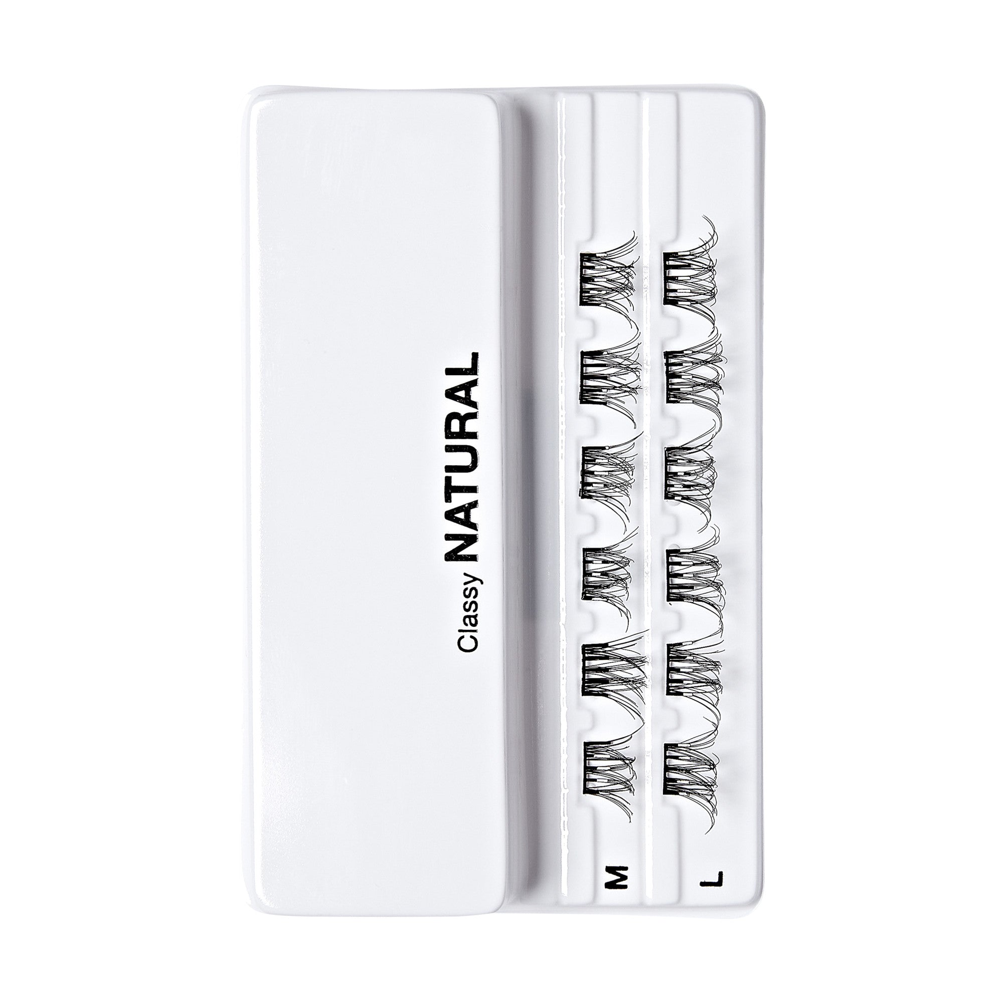 The image shows a white plastic case containing three pairs of false eyelashes. The case is labeled "Classy NATURAL" on the left side. The eyelashes are arranged in three rows, each labeled with a different size: "M" for medium, "L" for large, and an unlabeled row which can be inferred as small. The lashes appear to be designed to provide a natural look.