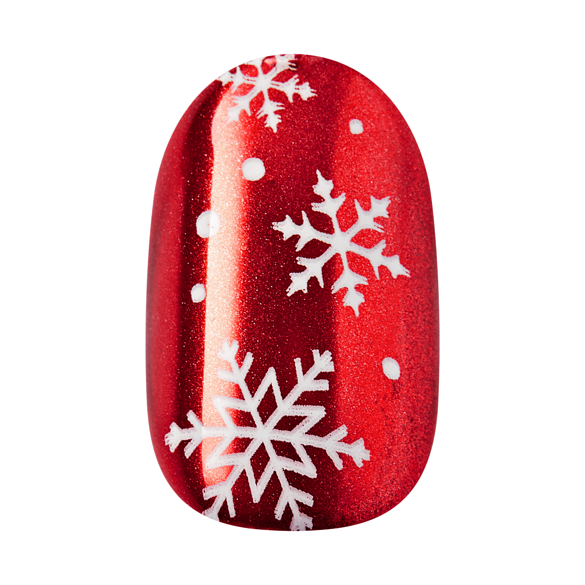 Red glitter nail polish with white snowflakes and dots design