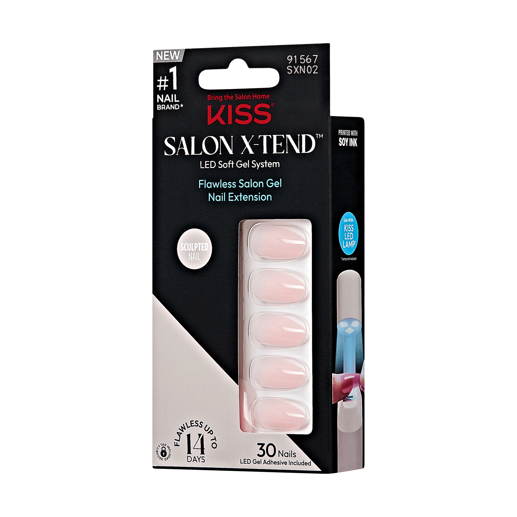 Black and pale pink package of KISS Salon X-Tend LED Soft Gel System press-on nails in the shade Gloria, featuring 30 sculpted light pink gel nail extensions. Claims include flawless salon gel nail extension, lasting up to 14 days, and LED gel adhesive included.