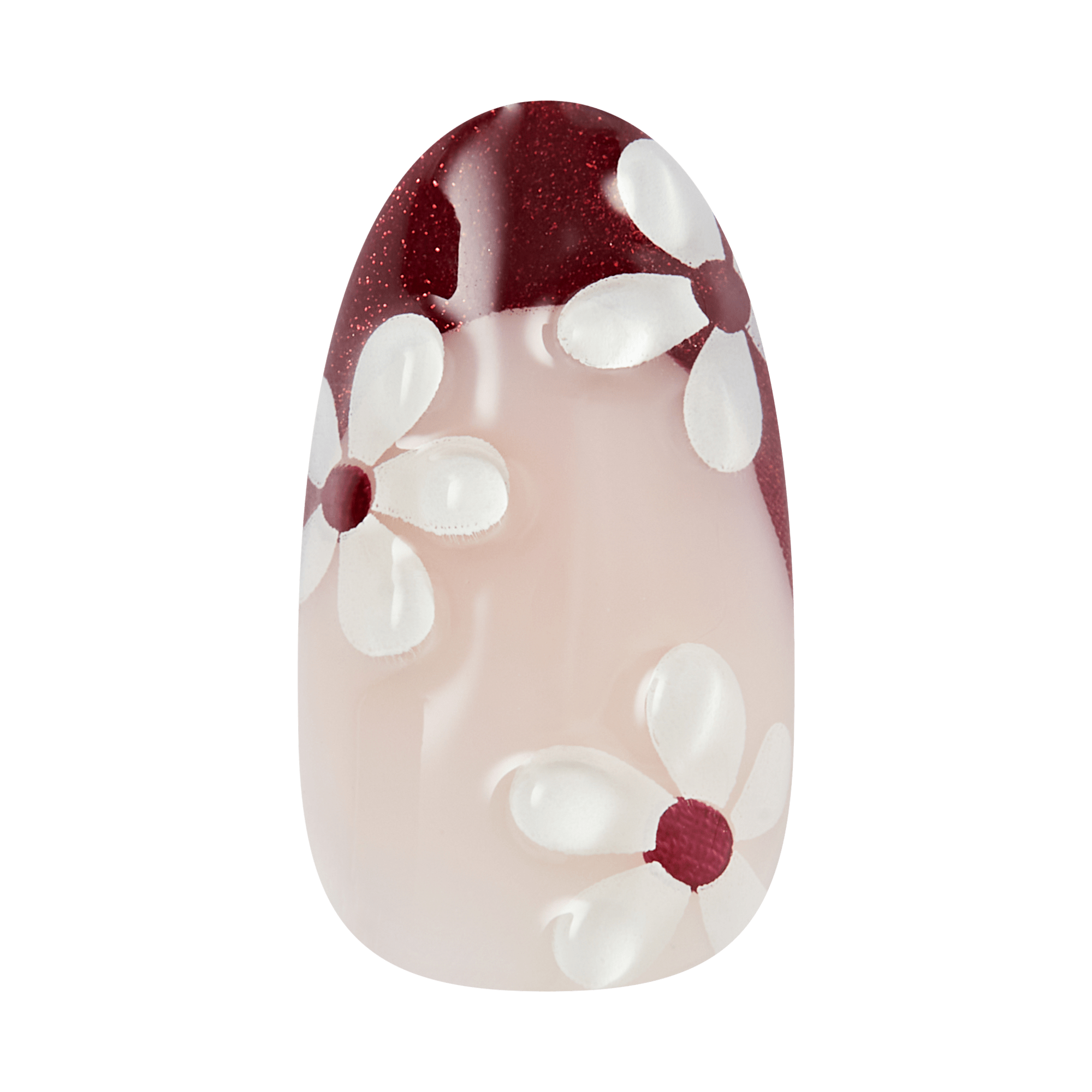 Burgundy and nude nail design with white daisies and dark red centers