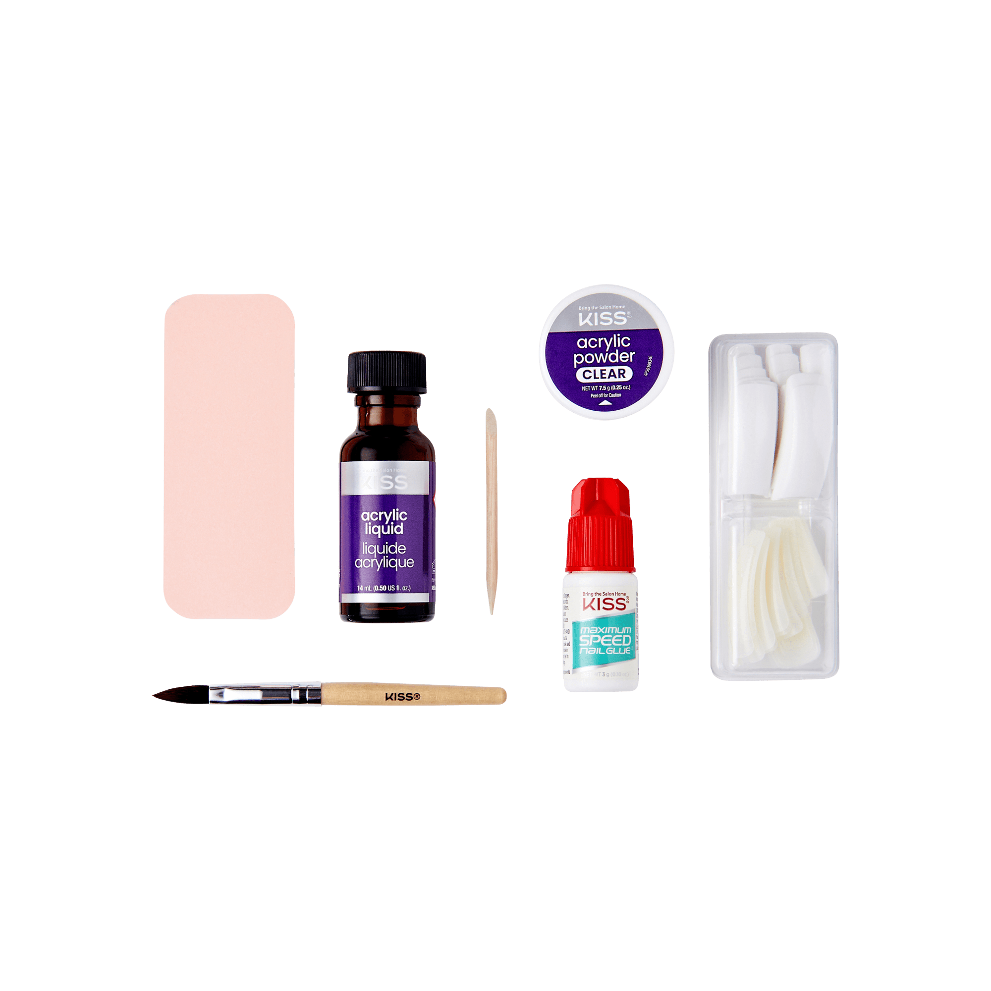 The image shows a set of nail care and manicure tools. The items included in the set are:
1. A rectangular pink nail buffer or file.
2. A bottle of acrylic liquid.
3. A small wooden stick, likely for cuticle care.
4. A container of clear acrylic powder.
5. A small bottle of nail glue.
6. A brush with a wooden handle.
7. A set of white plastic nail tips in a clear plastic case.
The items are arranged neatly against a white background.