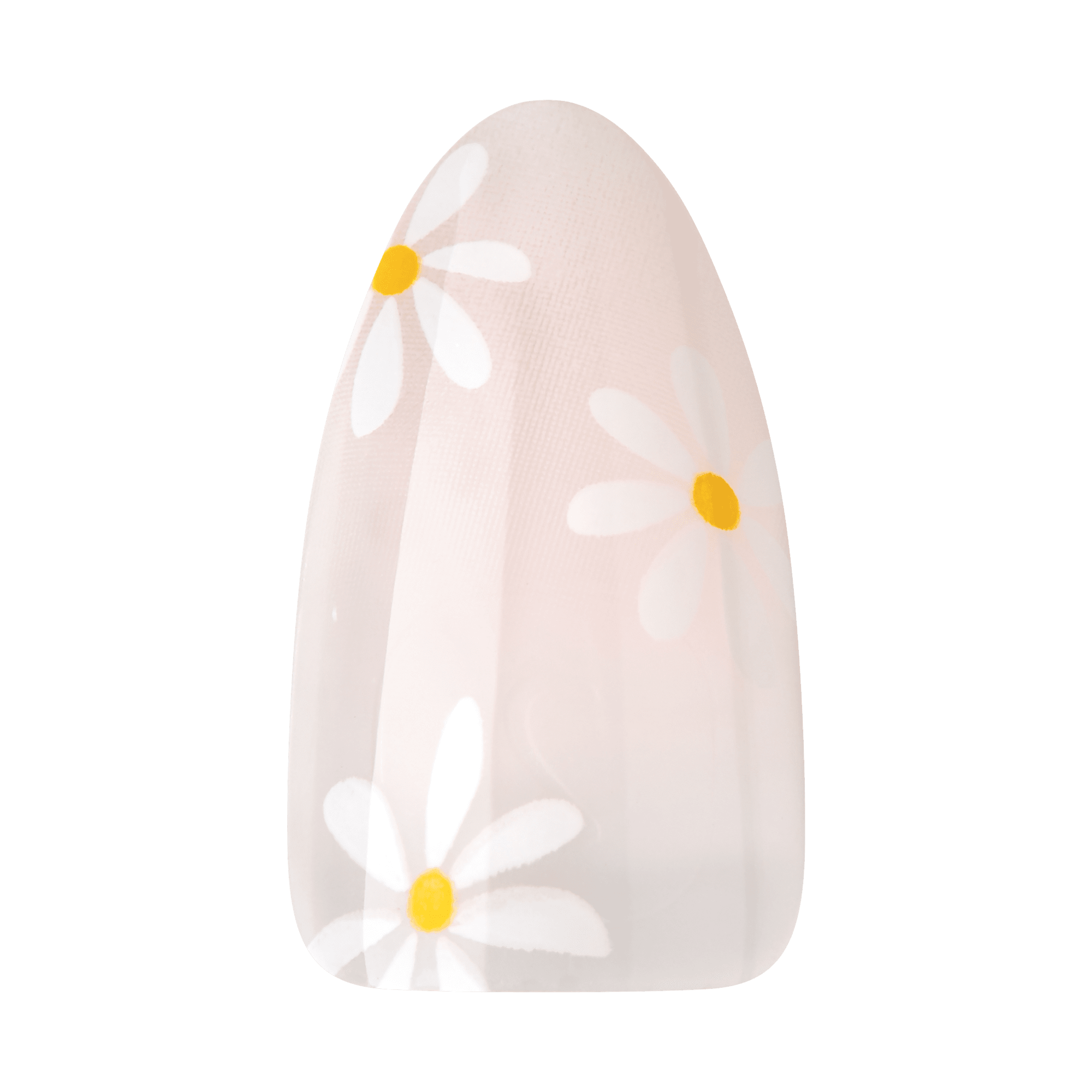 The image shows a single artificial nail with a design. The nail has a light, translucent pink base color. It is decorated with a pattern of white daisies, each with a yellow center. The design is simple and elegant, giving the nail a fresh and spring-like appearance.