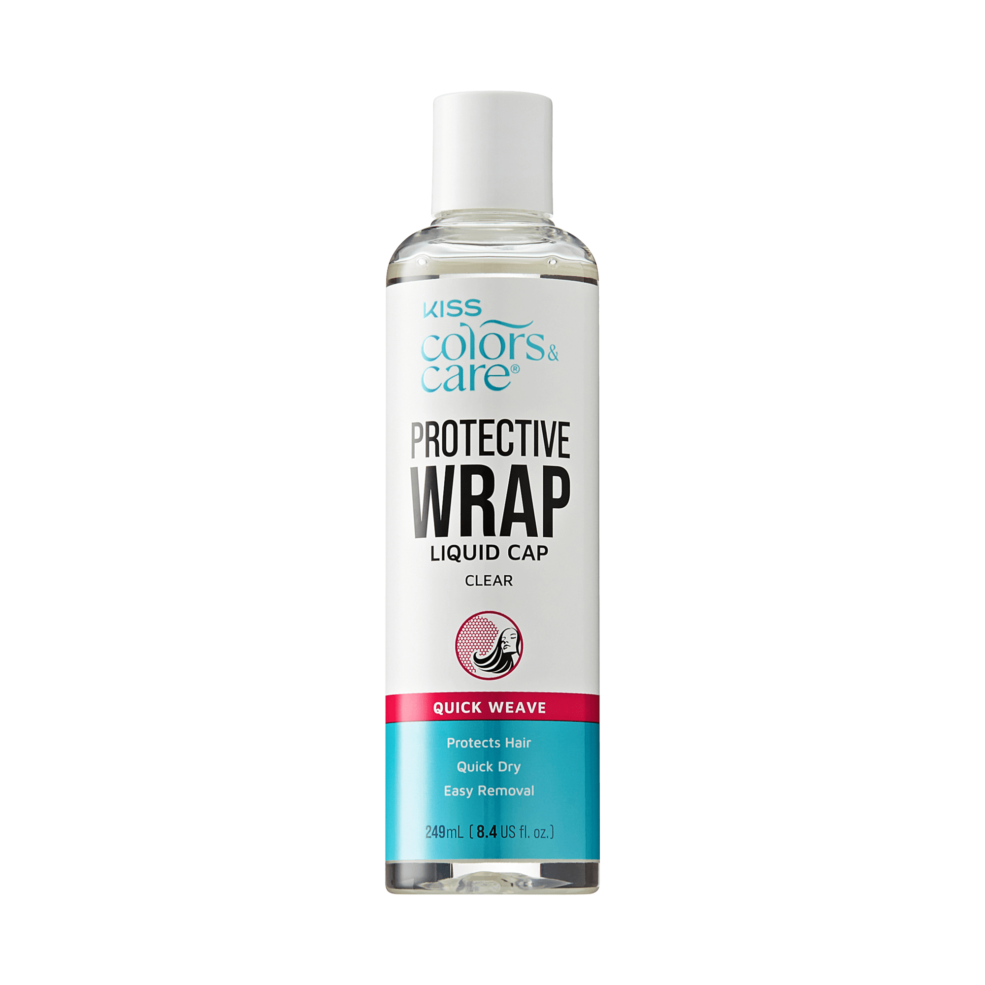 Clear liquid bottle with white cap labeled KISS Colors & Care Protective Wrap Liquid Cap, featuring quick weave formula that protects hair, dries fast, and removes easily.