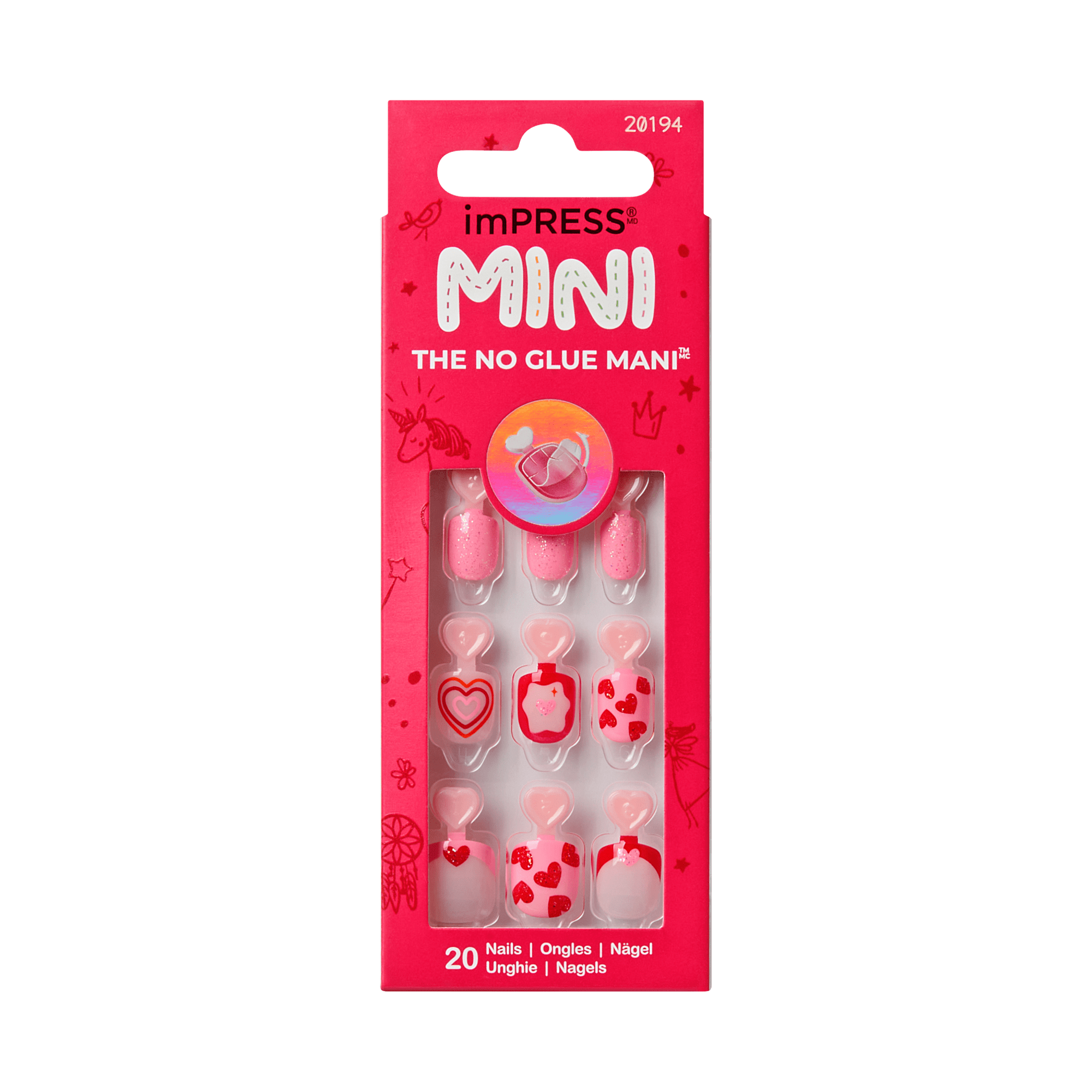 imPRESS MINI "The No Glue Mani" press-on nails set with 20 heart-themed designs in pink and red.