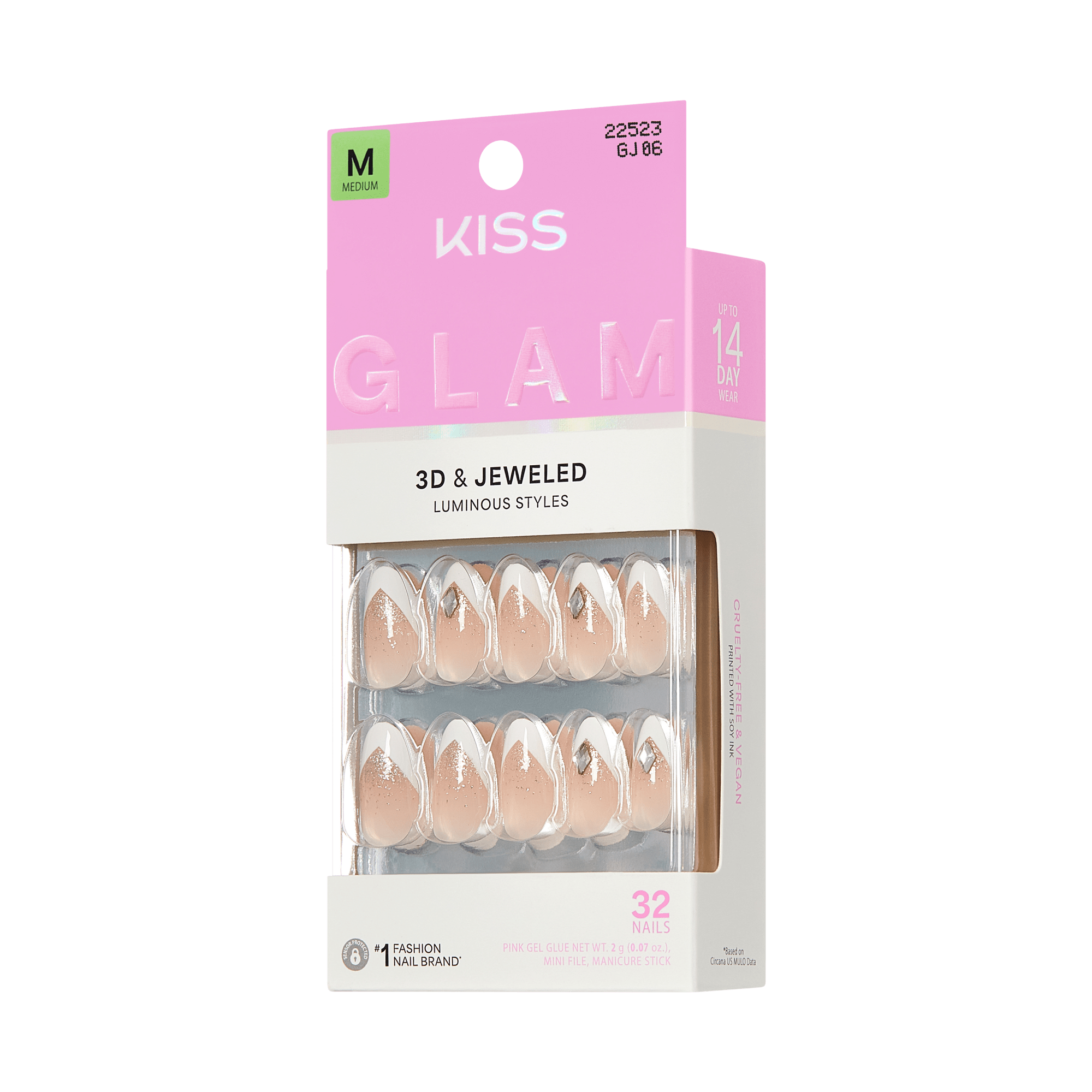 KISS Glam 3D & Jeweled Medium Nude Nails, 32 Count