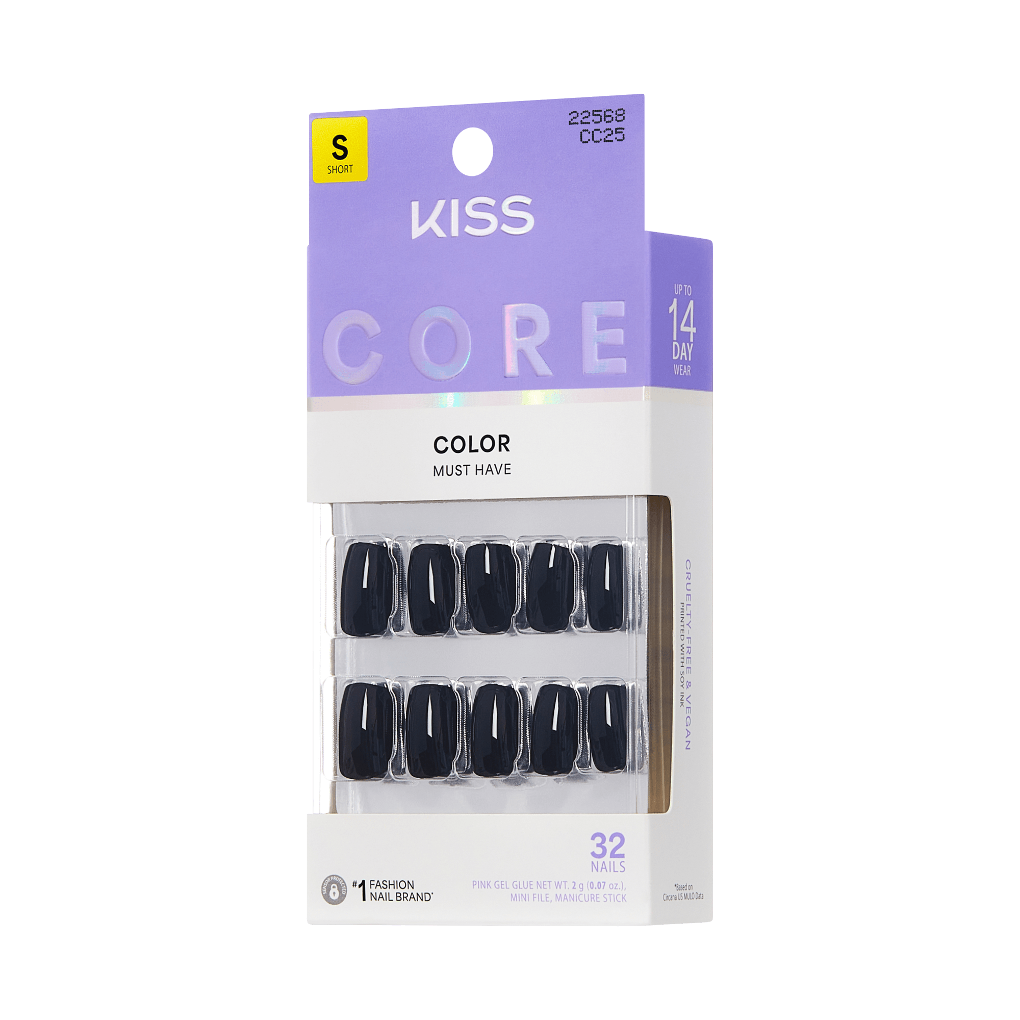 KISS Core Short Nails in black with white accent lines, 32-piece set, up to 14-day wear.