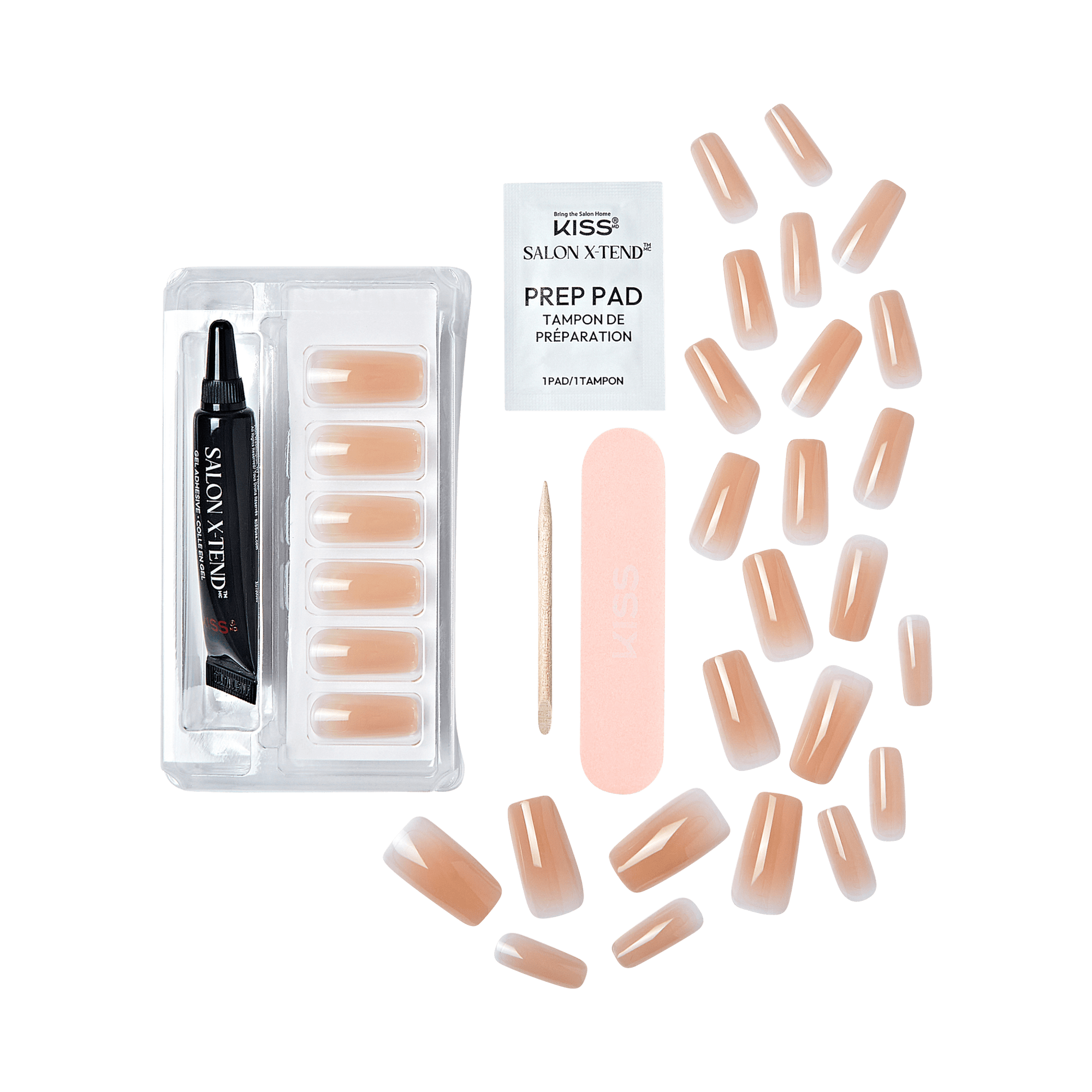 The image displays a set of nail care and manicure items. The items include:
1. A black tube labeled "Salon X-Tend."
2. A clear plastic tray containing several artificial nails.
3. A small wooden stick, likely for cuticle care.
4. A pink nail file.
5. A white packet labeled "Prep Pad."
6. Several additional artificial nails scattered around the main items.
The artificial nails are a nude or light beige color, and the set appears to be designed for at-home nail application and care.