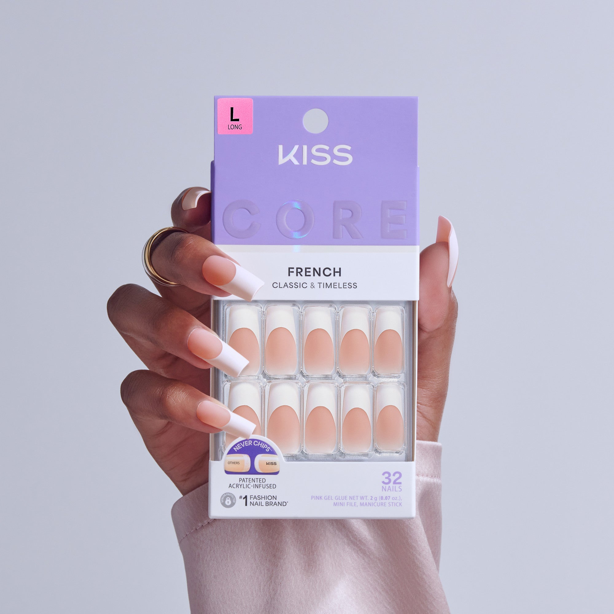 KISS Core French Classic & Timeless Nails Long 32-Pack with Gel Glue