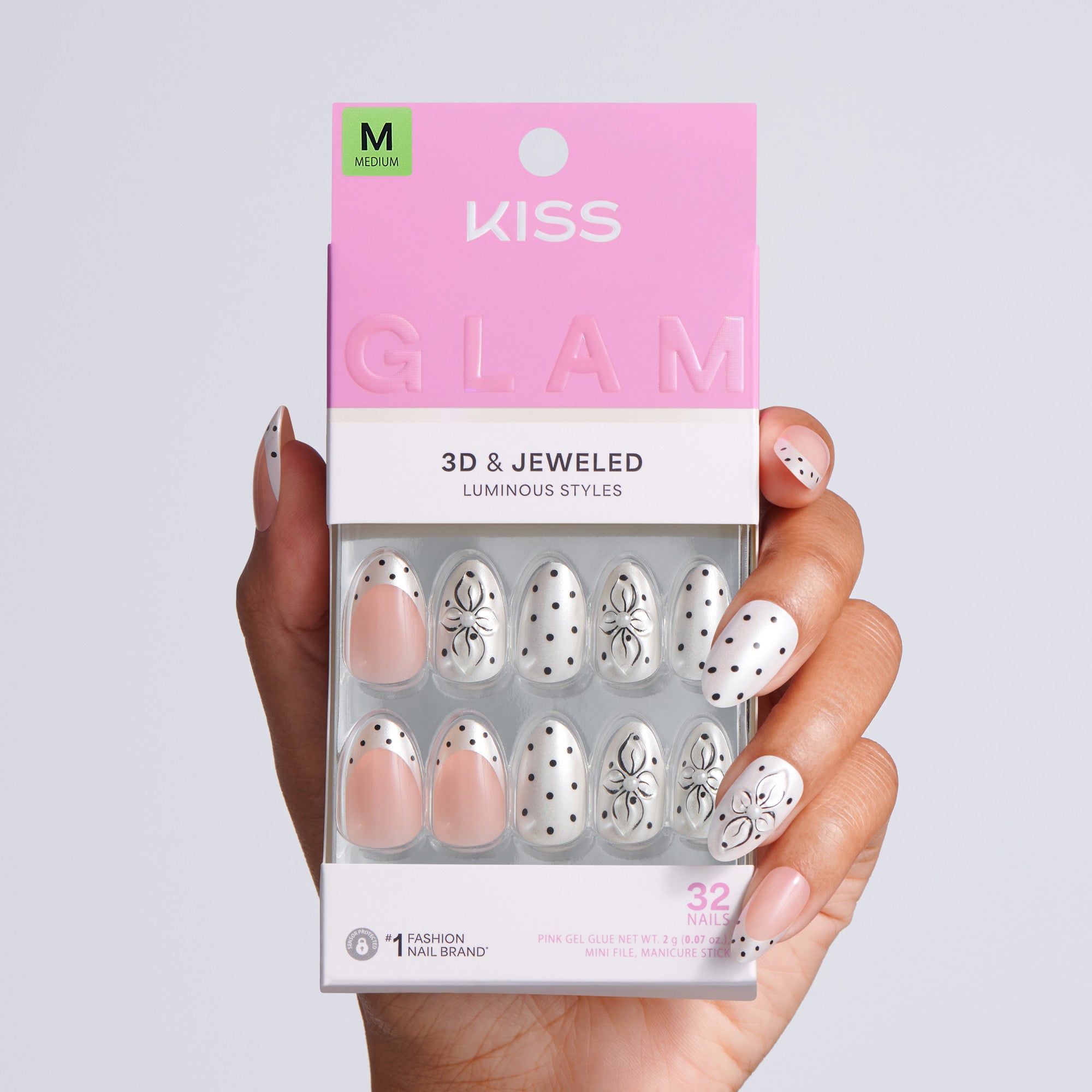 Kiss Glam Jeweled Press On Fake Glue Nails - Mood Pop | 3D & Jeweled French Design, Black & White, Medium, Almond