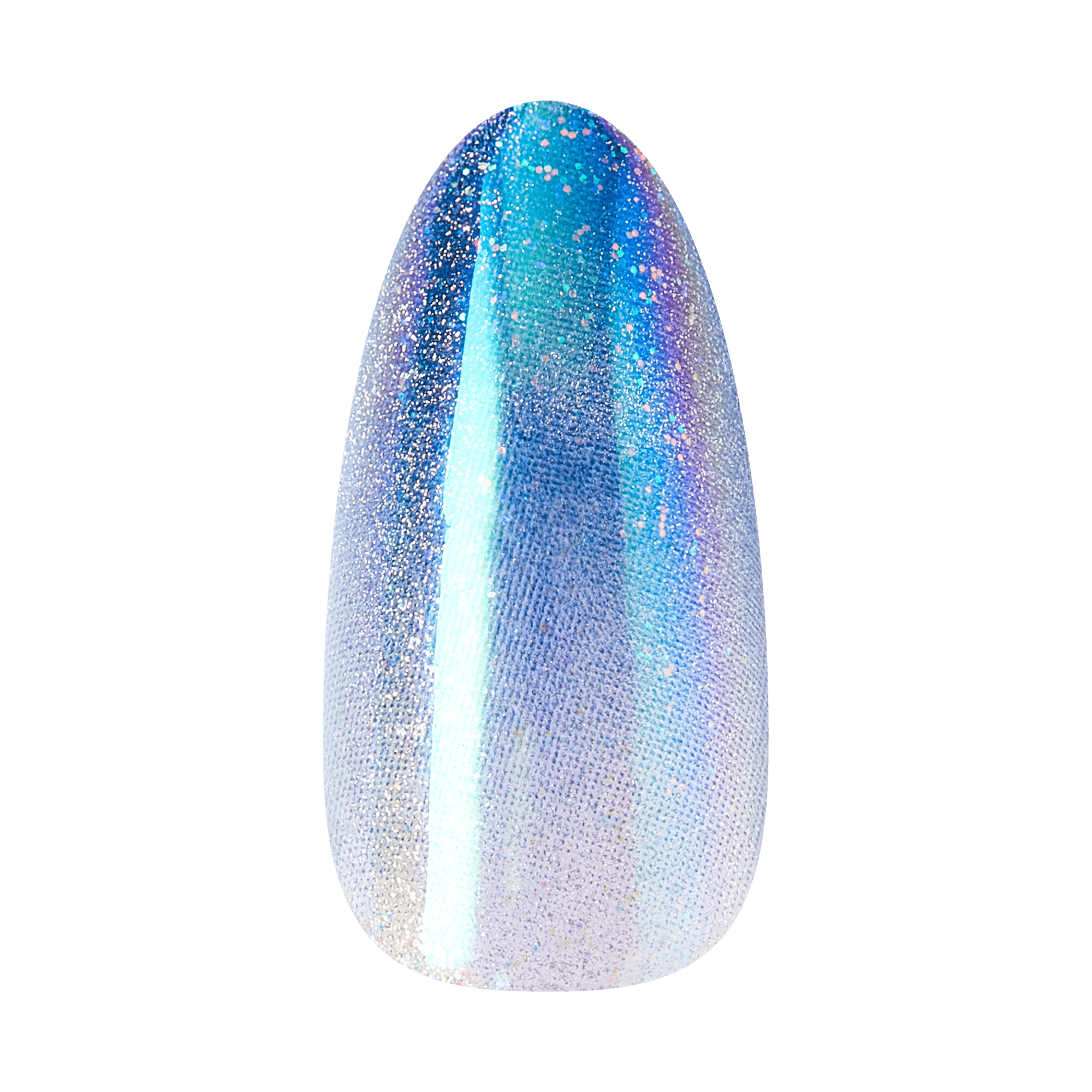 Almond-shaped nail with iridescent blue-to-white gradient glitter finish.