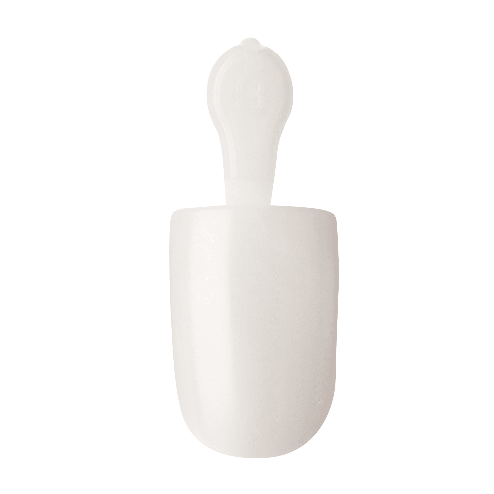 Single natural-colored, slightly rounded press-on acrylic nail sample with a small plastic handle for size display.