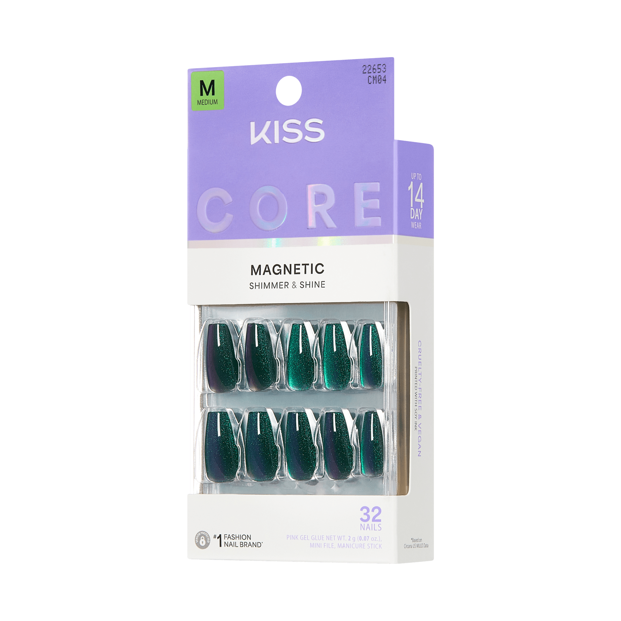 KISS Core Magnetic press-on nails in emerald green shimmer, 32 nails, medium size.