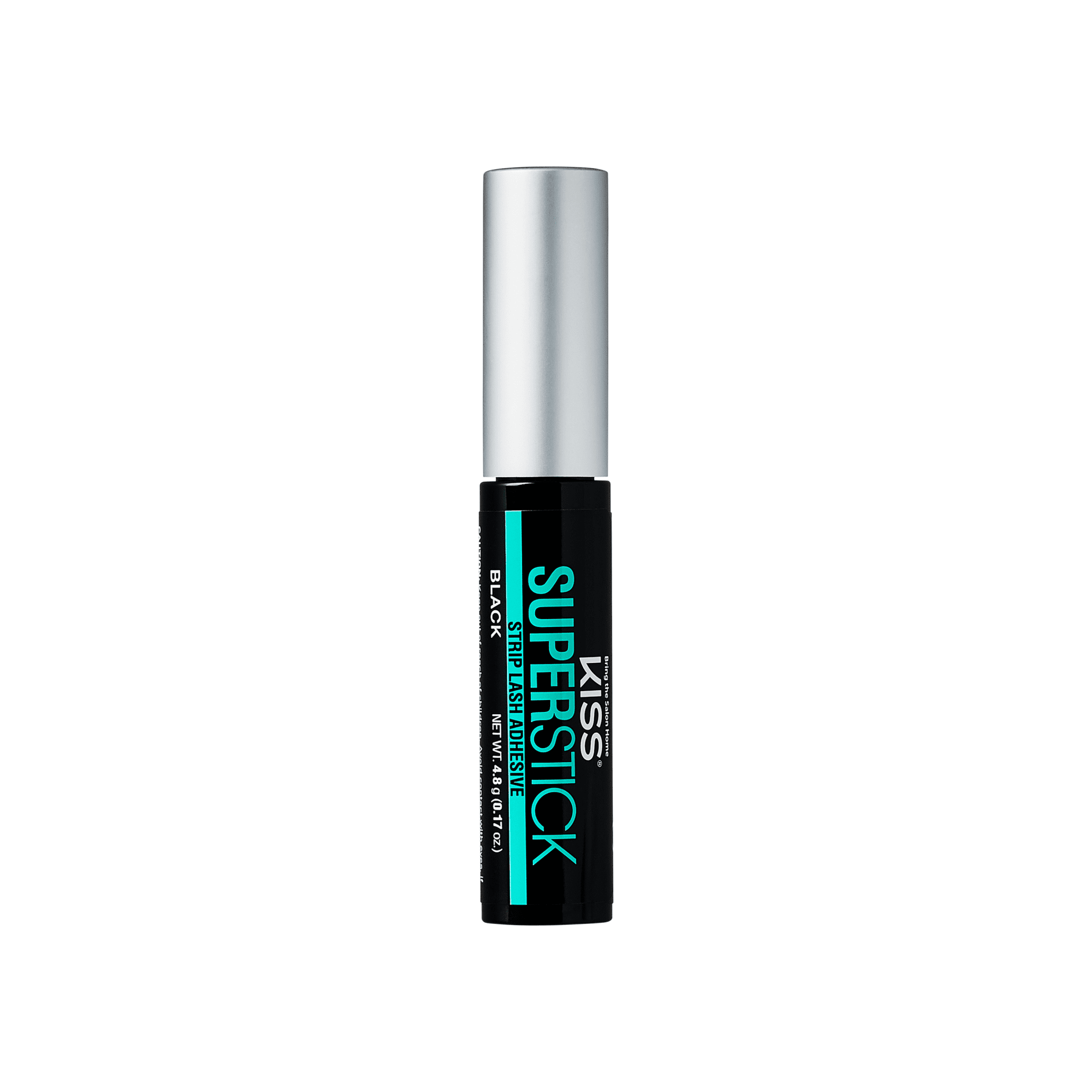 The image features a cosmetic product, specifically a mascara, labeled "Kiss Superstick" in black. The packaging is sleek and modern, with a glossy black tube and a silver cap. The product name is prominently displayed in bold, turquoise lettering, emphasizing its brand and type. The overall design suggests a focus on performance and style, appealing to makeup enthusiasts.
