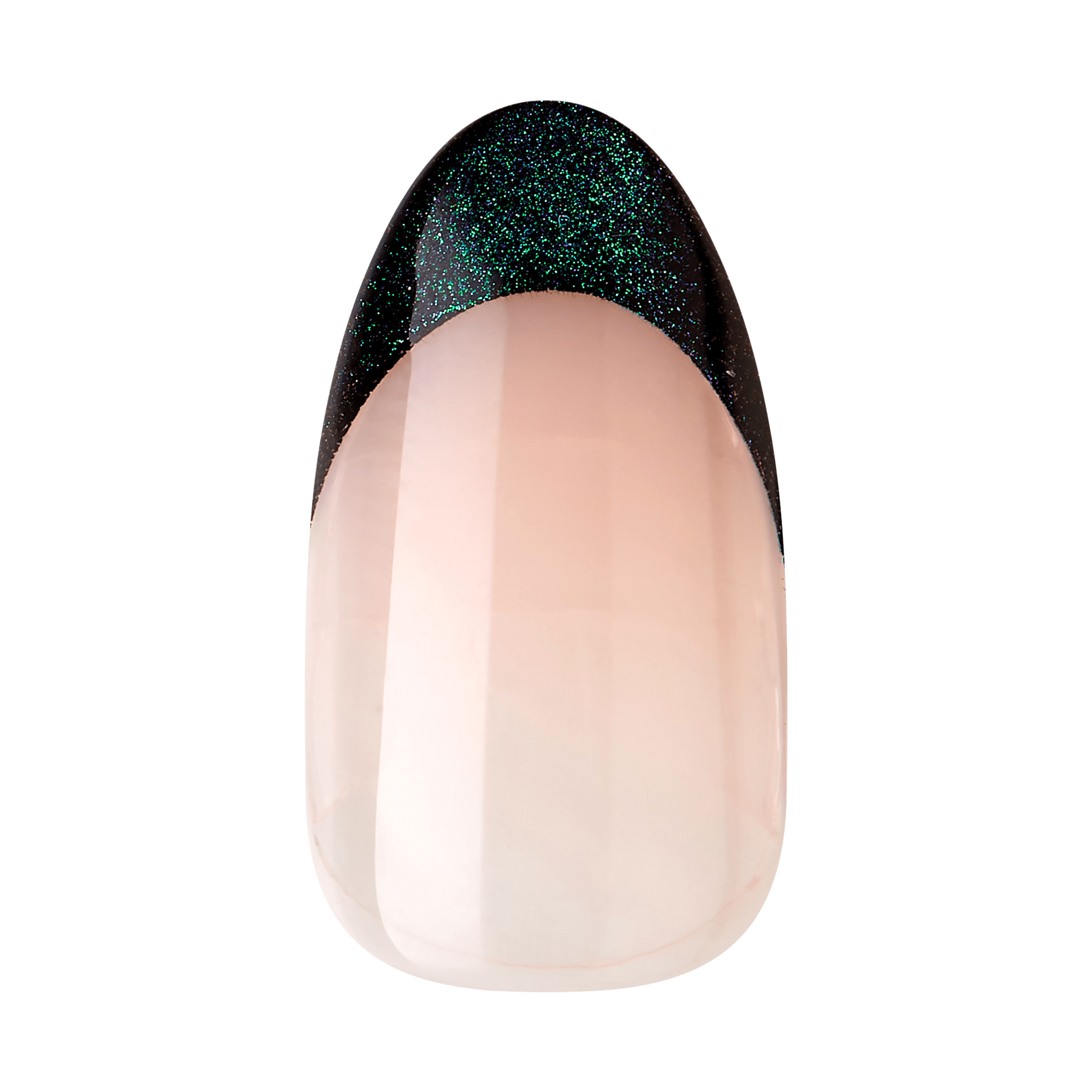 The image shows a single fingernail with a polished manicure. The nail features a French tip design with a twist. The base of the nail is a glossy, natural pink color, while the tip is painted with a dark, glittery black polish. The black tip has a subtle gradient effect, blending slightly into the pink base. The overall look is elegant and modern, combining classic and contemporary nail art styles.