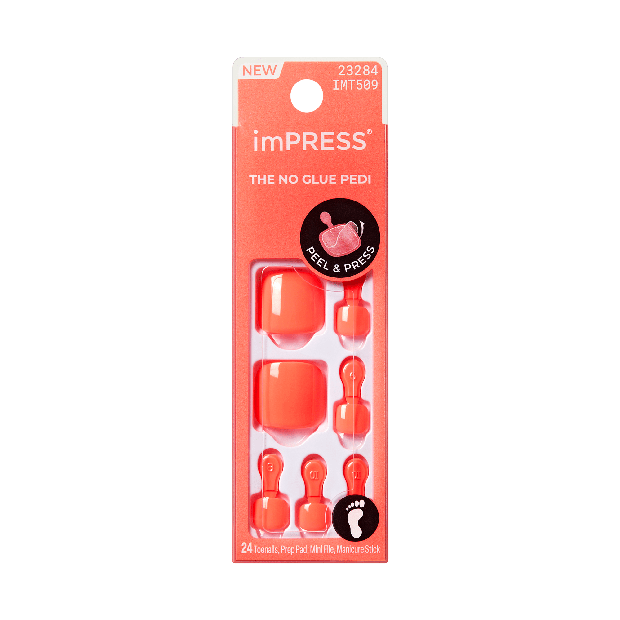 imPRESS THE NO GLUE PEDI press-on nails in red, 24-piece set