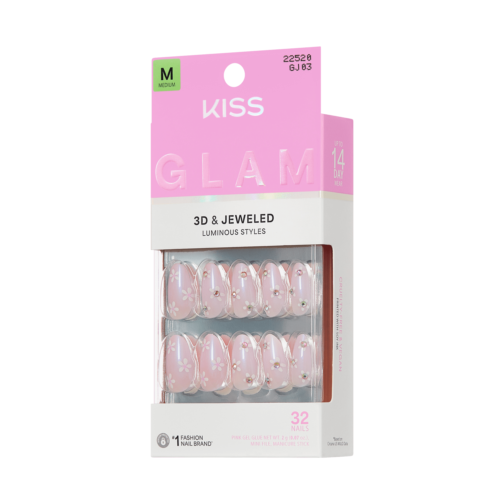 KISS Glam 3D & Jeweled Nails, Medium, Pink with Floral Design, 32 Nails