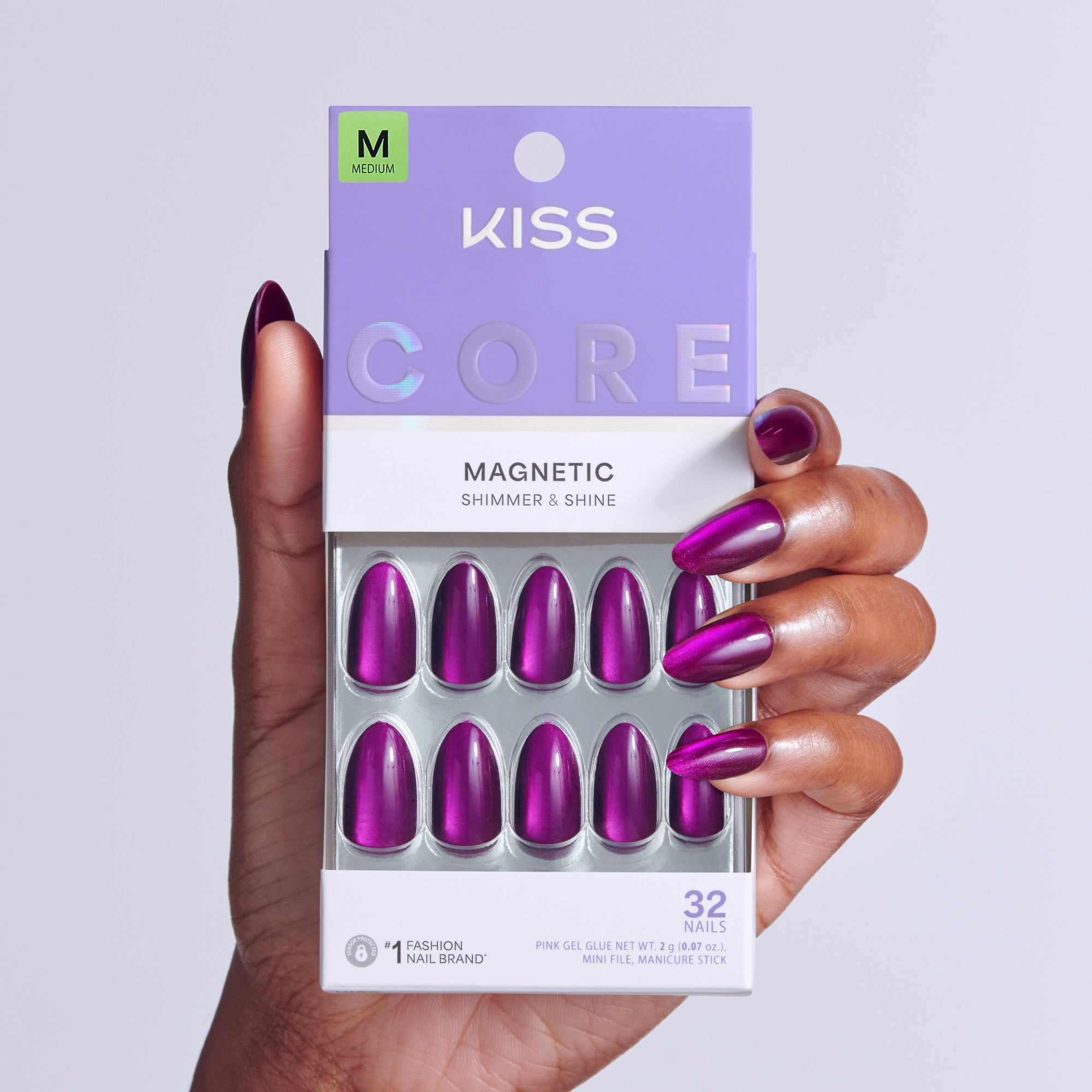 Kiss Core Magnetic Press On Fake Glue Nails - Glaring Sparks | Design, Purple, Medium, Almond