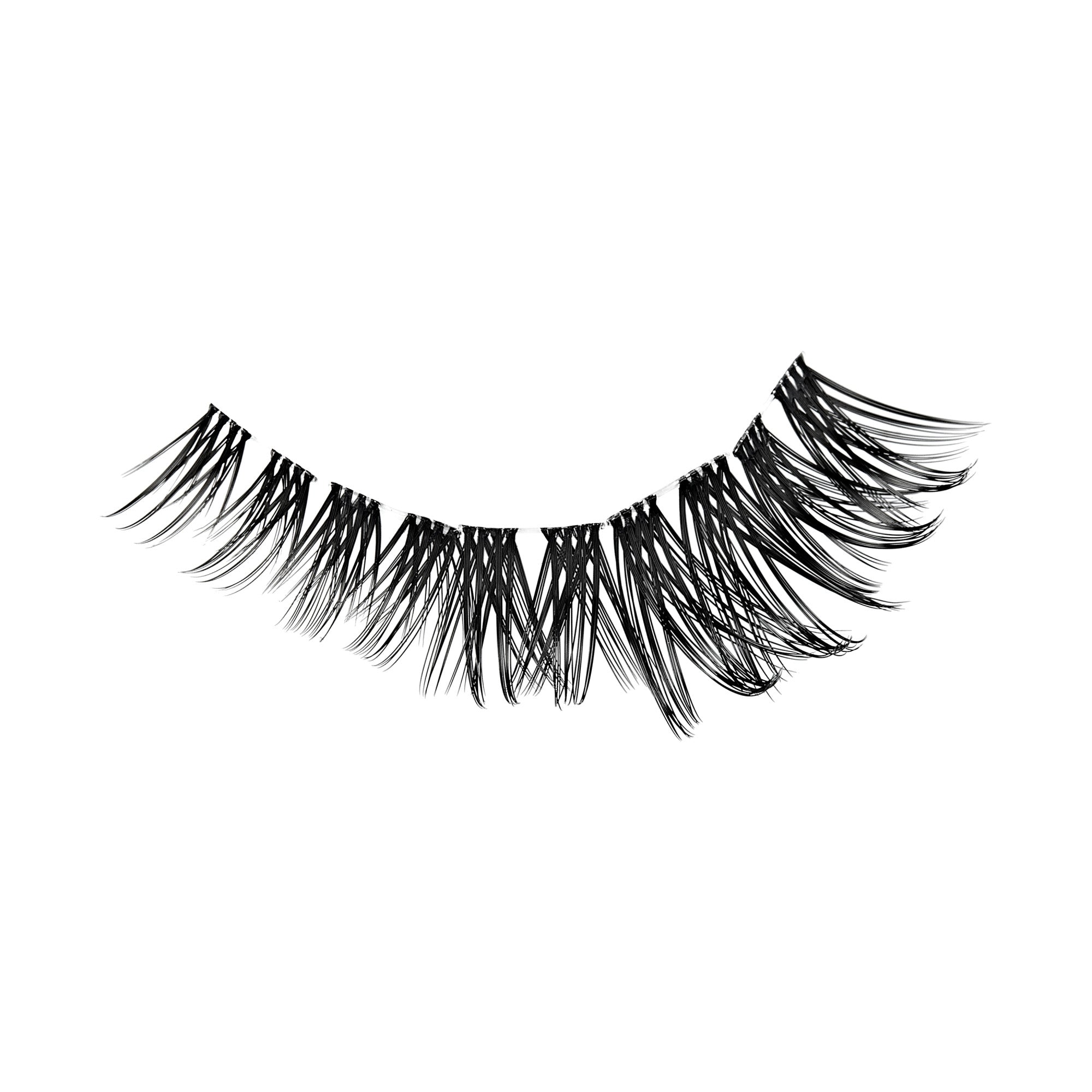 Pair of black false eyelashes with layered, voluminous lashes on white background.