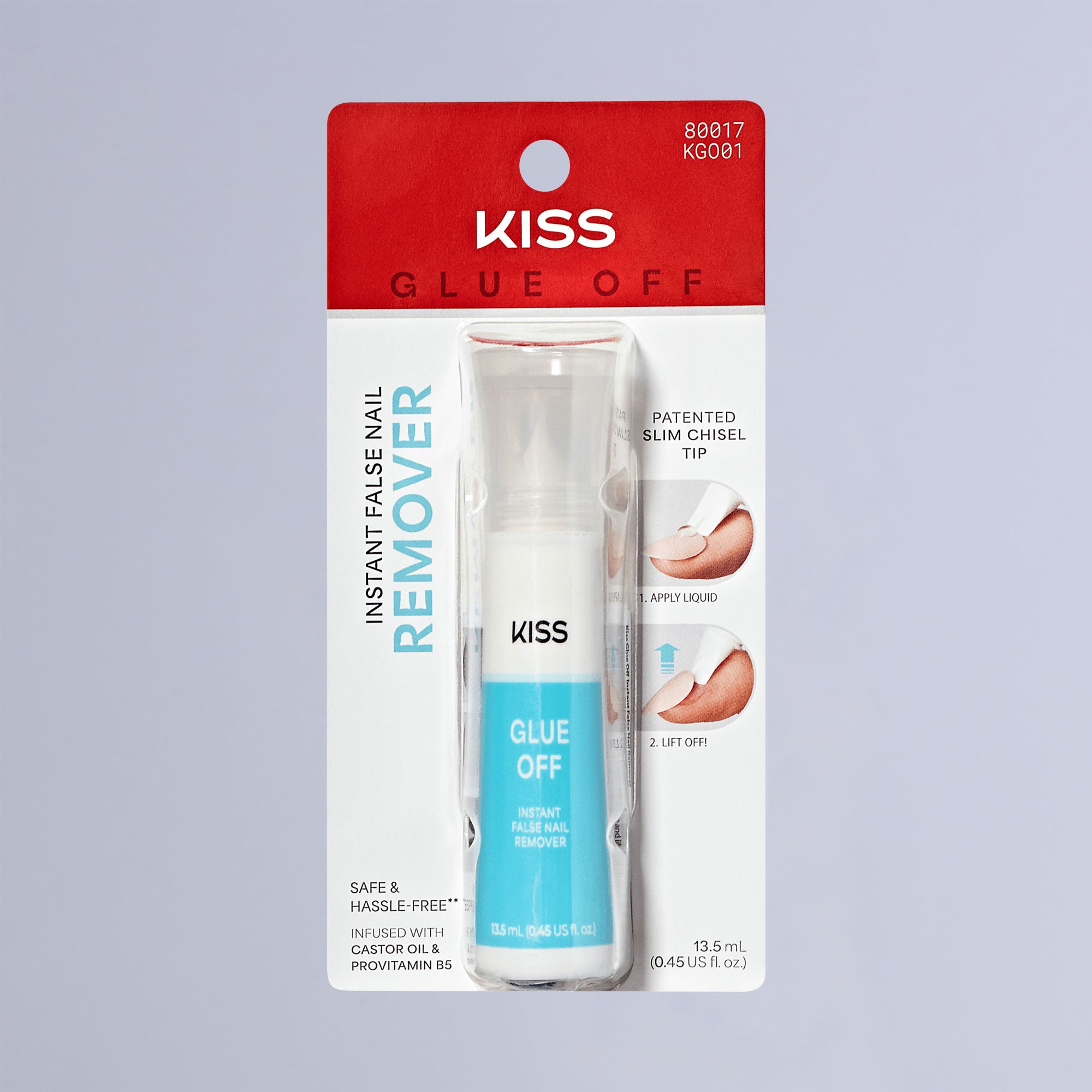 KISS Glue OFF Instant False Nail Remover in a white and blue bottle with patented slim chisel tip, shown in blister packaging with usage steps and claims of being safe, hassle-free, and infused with castor oil and provitamin B5.