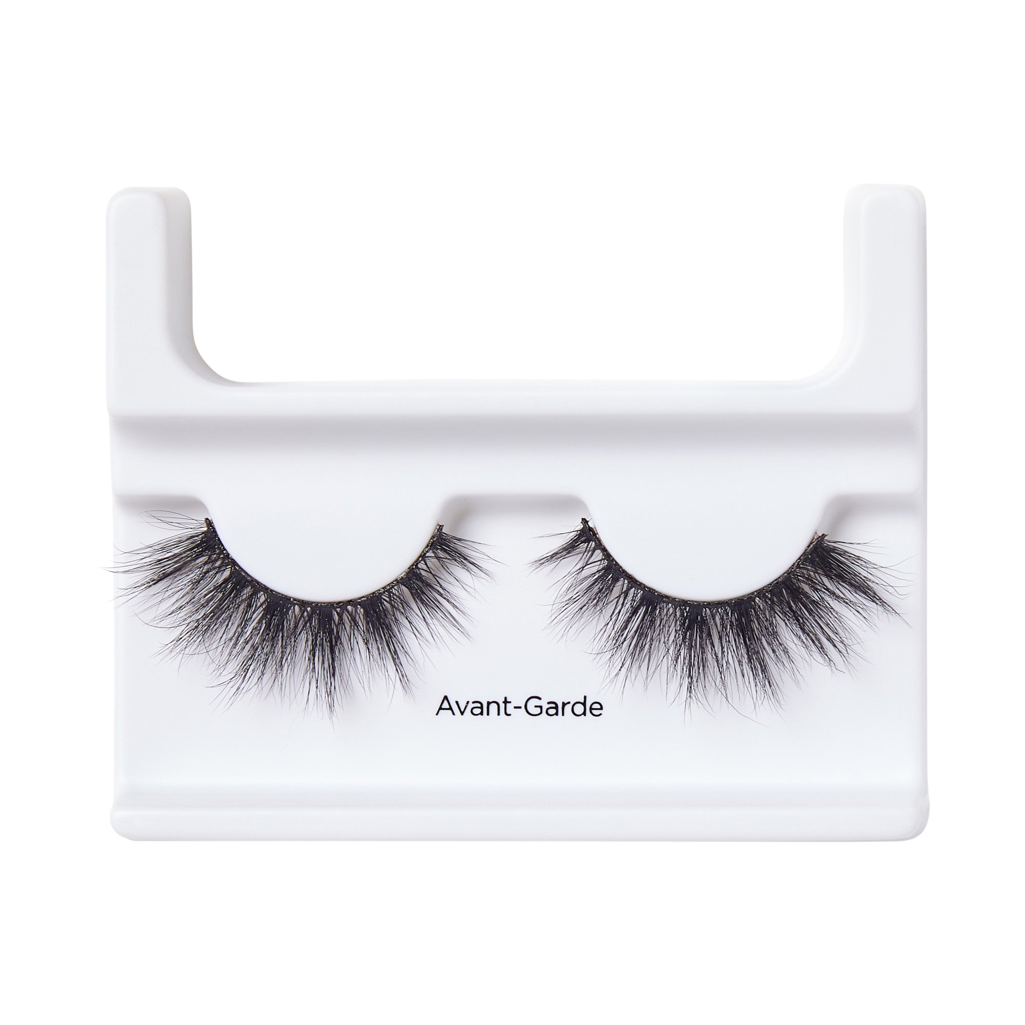 Pair of black, wispy false eyelashes with a voluminous and fluttery design displayed in white plastic packaging labeled \