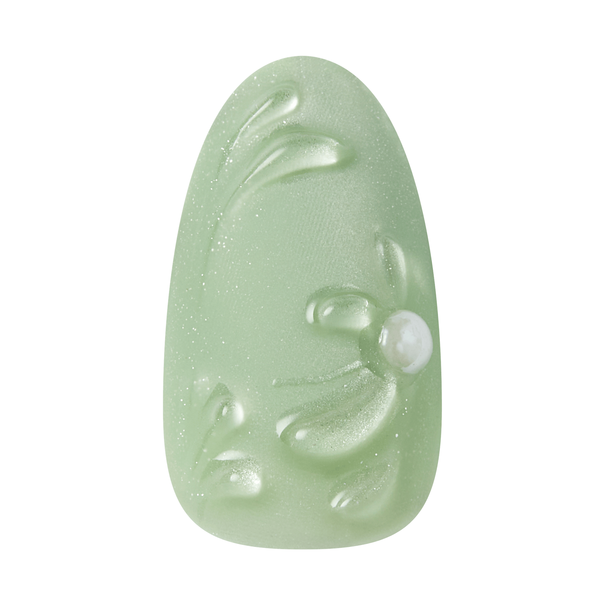 Jade carving of a serene face with water droplets and sparkles