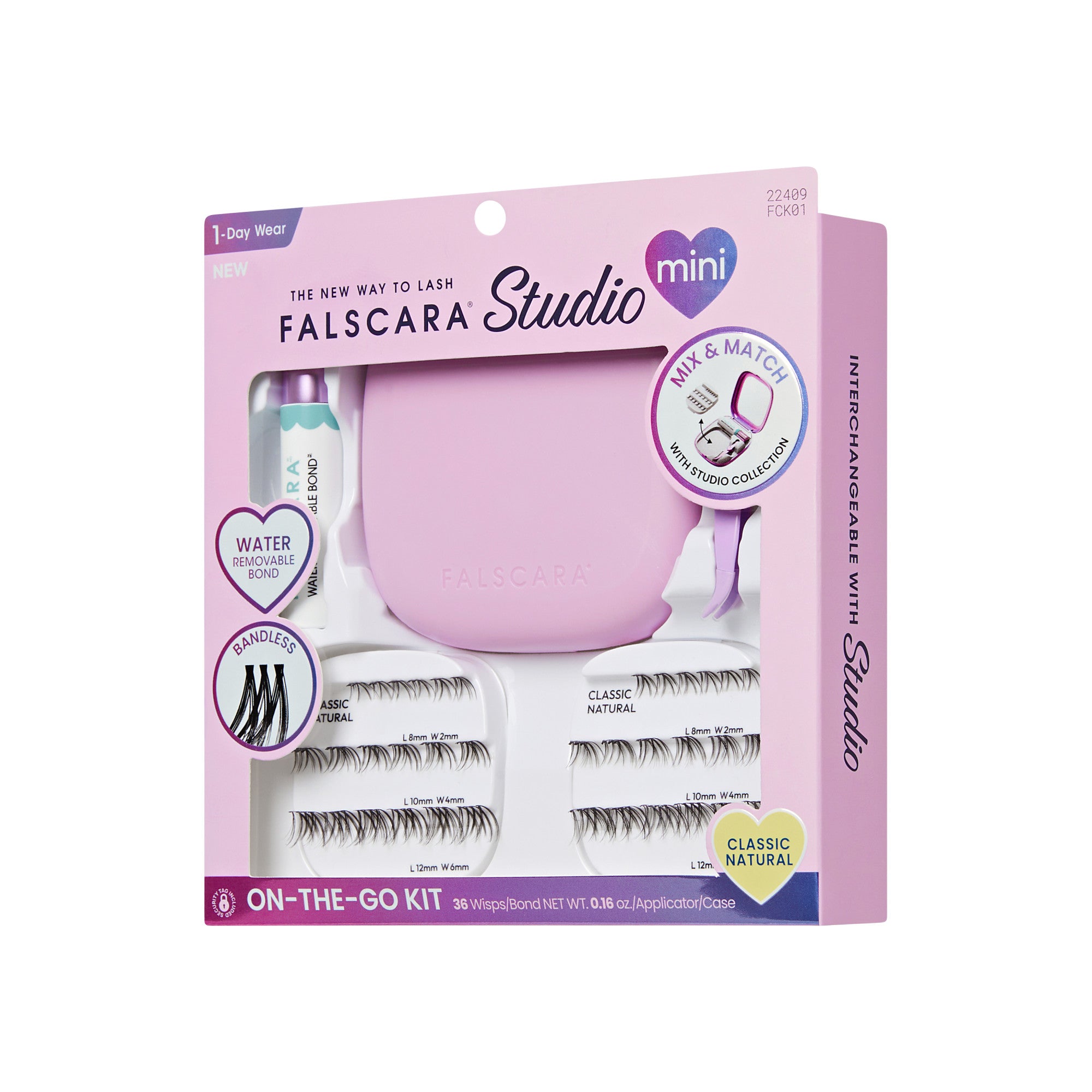 Falscara Studio Mini On-The-Go Kit with lashes, applicator, and pink case