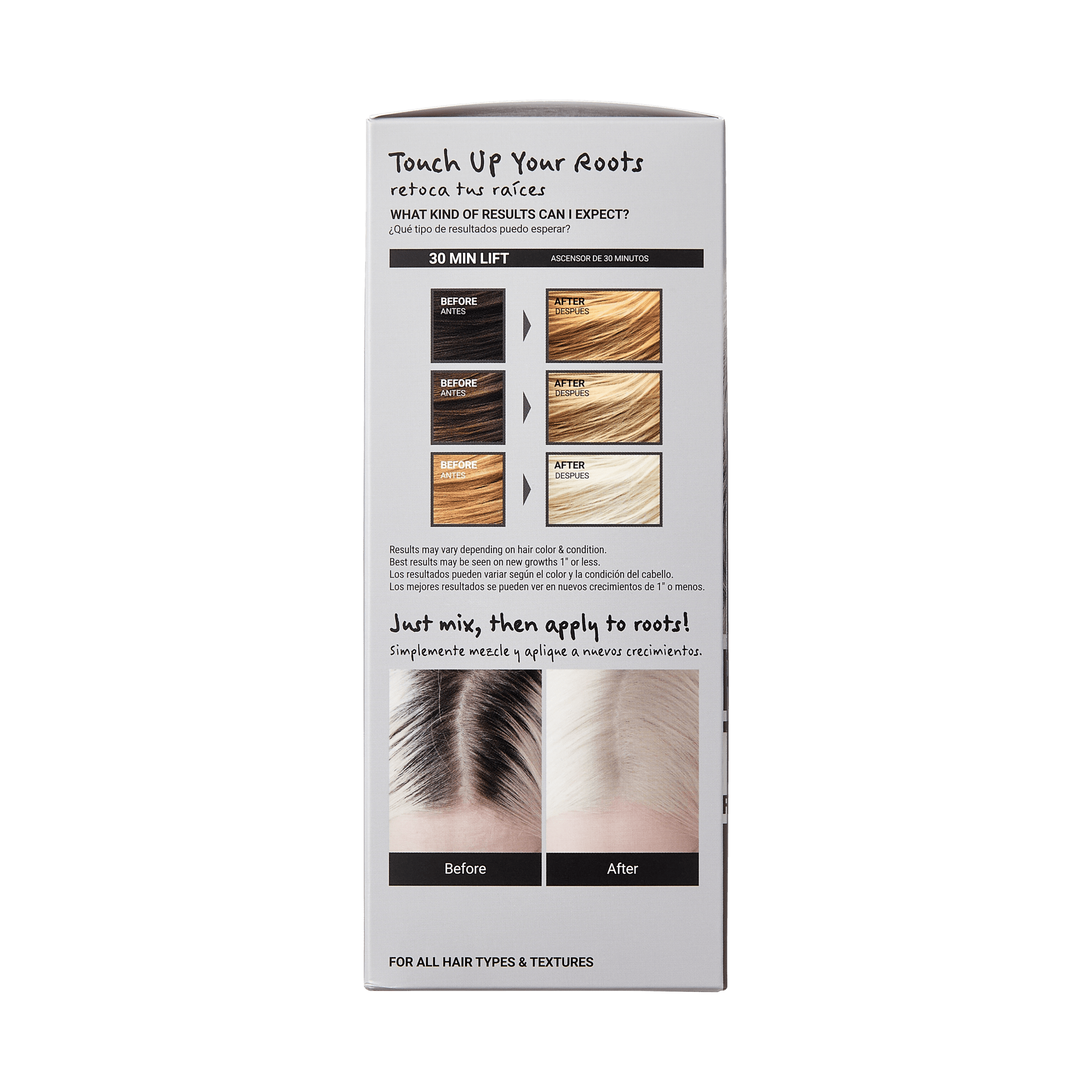 Back of KISS Root Touch Up Bleach Application Kit box showing text in English and Spanish, illustrating 30-minute lift results with before and after hair color swatches from dark to blonde, plus a before and after photo of roots.