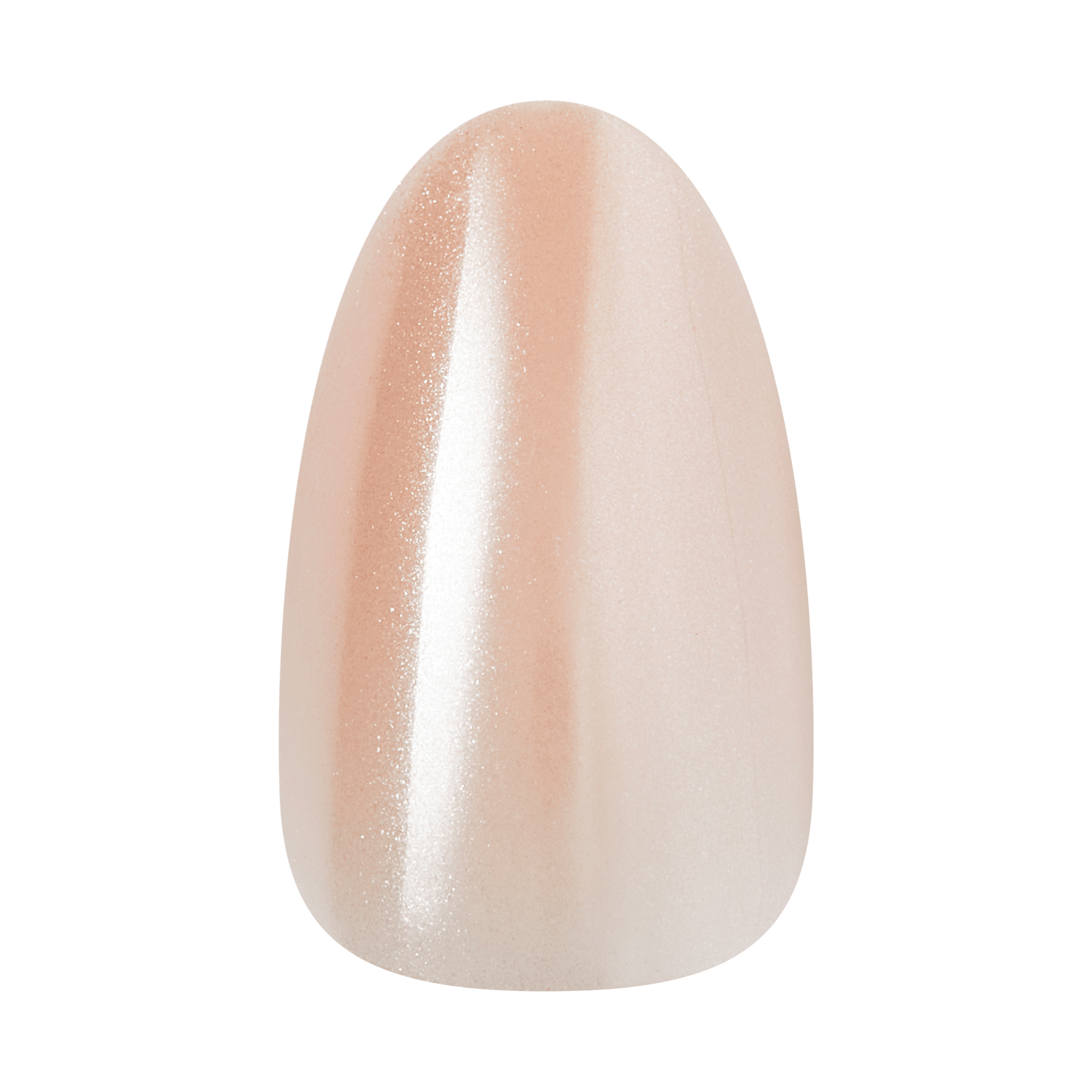 Nude pearl chrome artificial nail with oval almond shape and glossy finish.