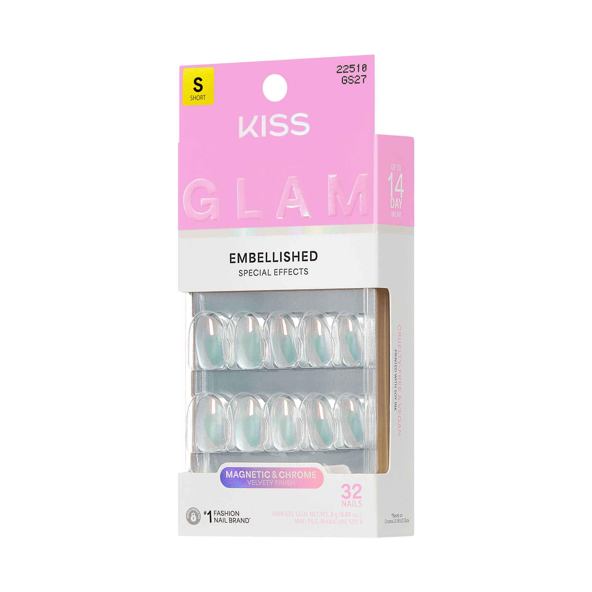 KISS Glam Embellished Magnetic & Chrome Press-On Nails, 32 Count, Short Size