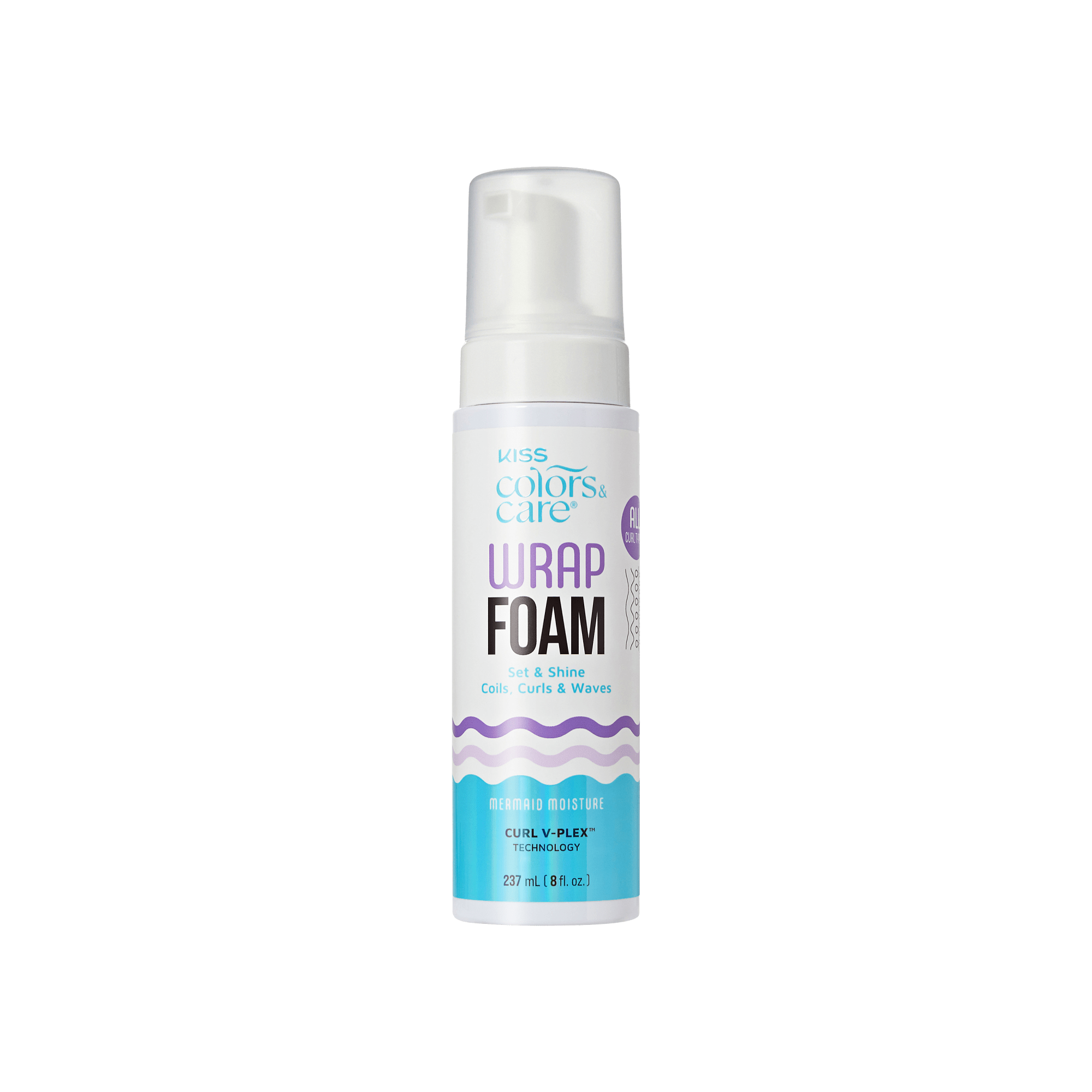 Kiss Colors & Care Wrap Foam, 237mL bottle for curls and waves with mermaid moisture technology.