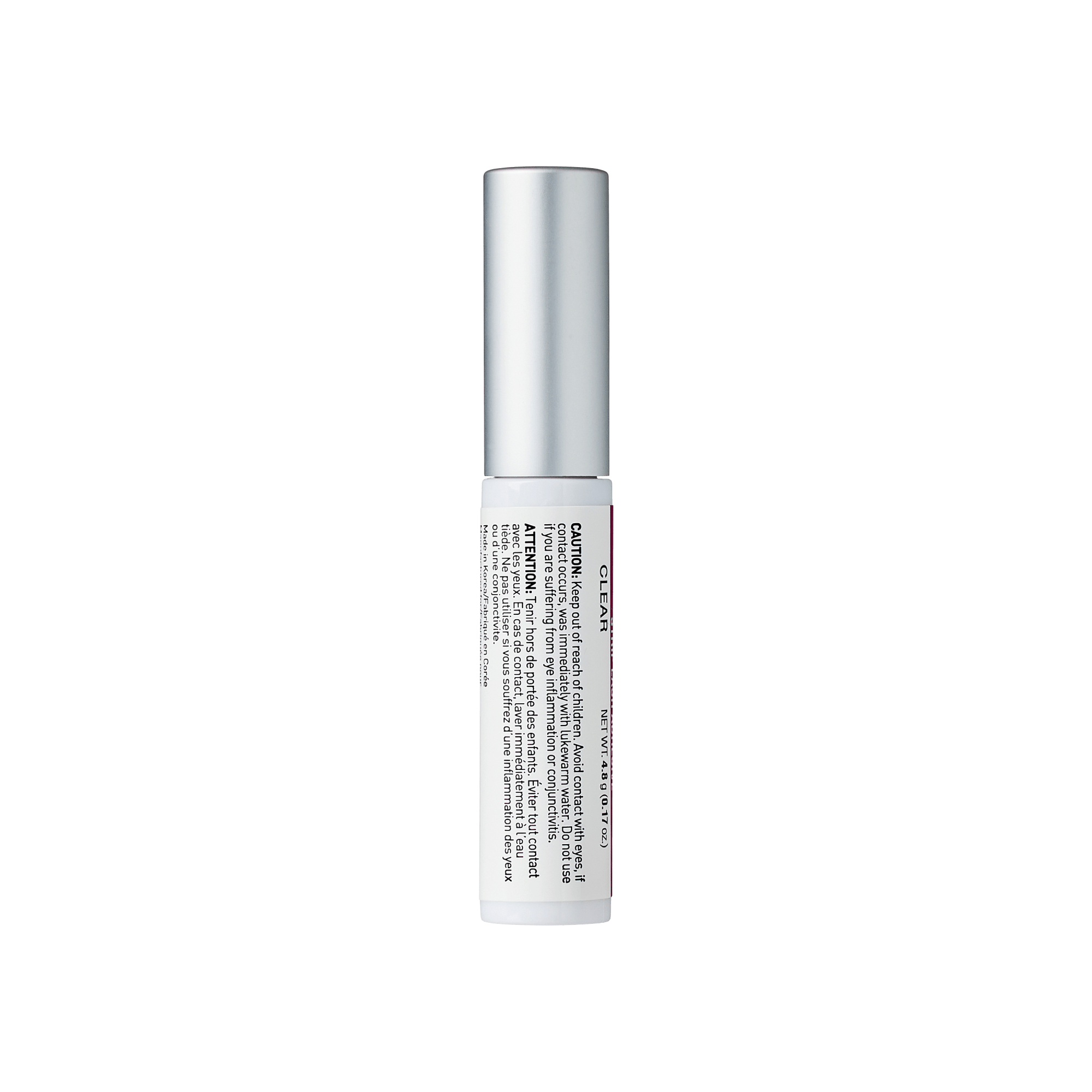 Clear skin-care serum bottle with silver cap and white label