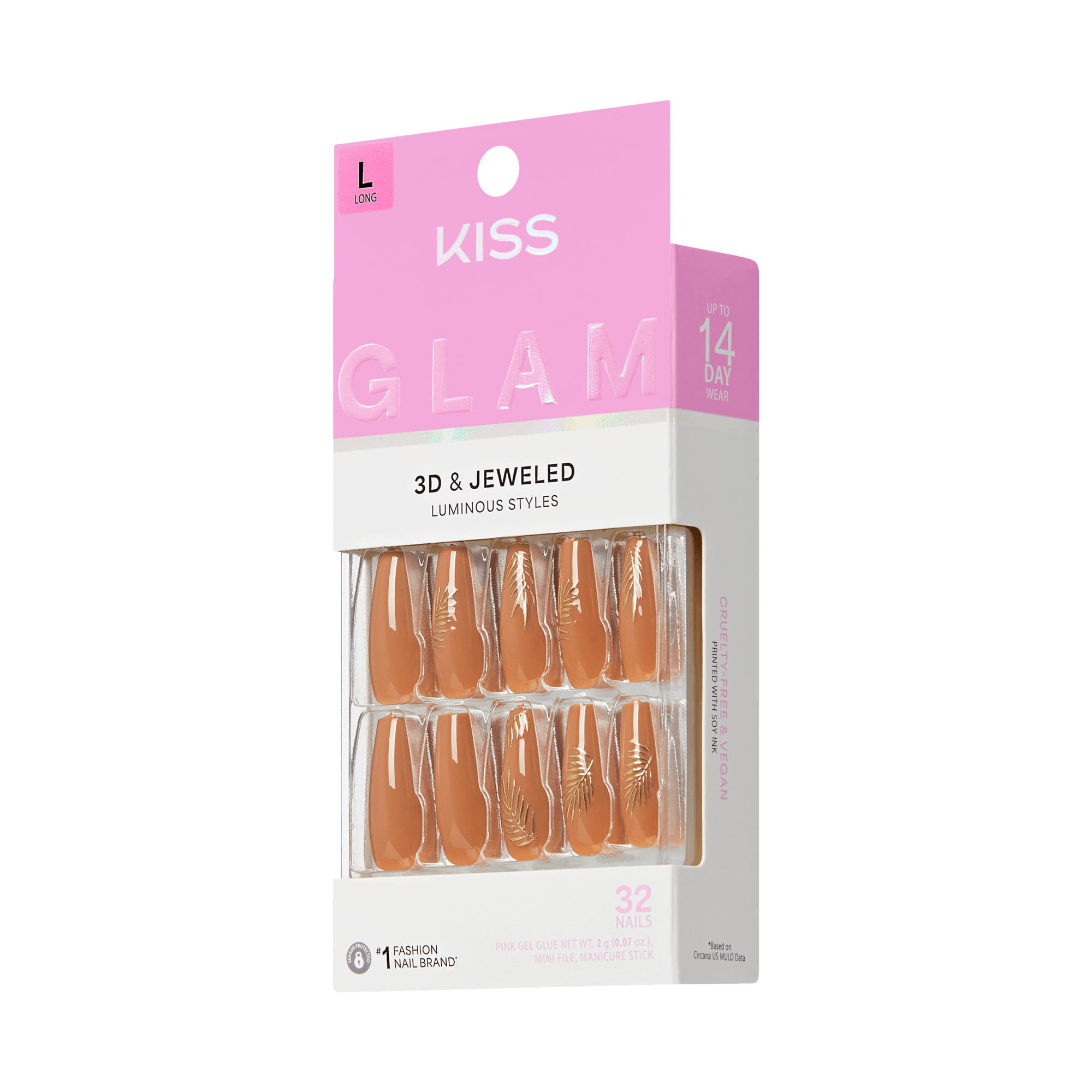 KISS Glam Fantasy 3D & Jeweled Luminous Styles press-on nails packaging, Long size, 32 nails, pink and white box with transparent nail display