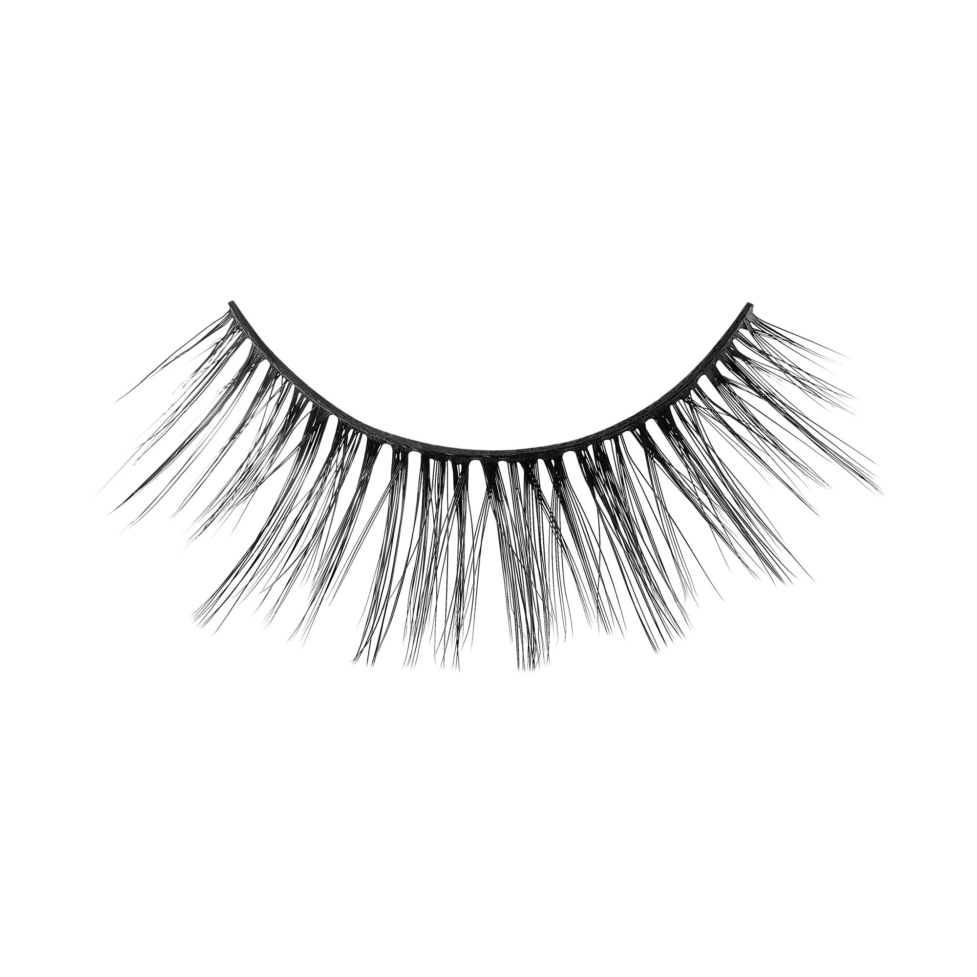 Black false eyelashes with full, voluminous lashes on curved band.