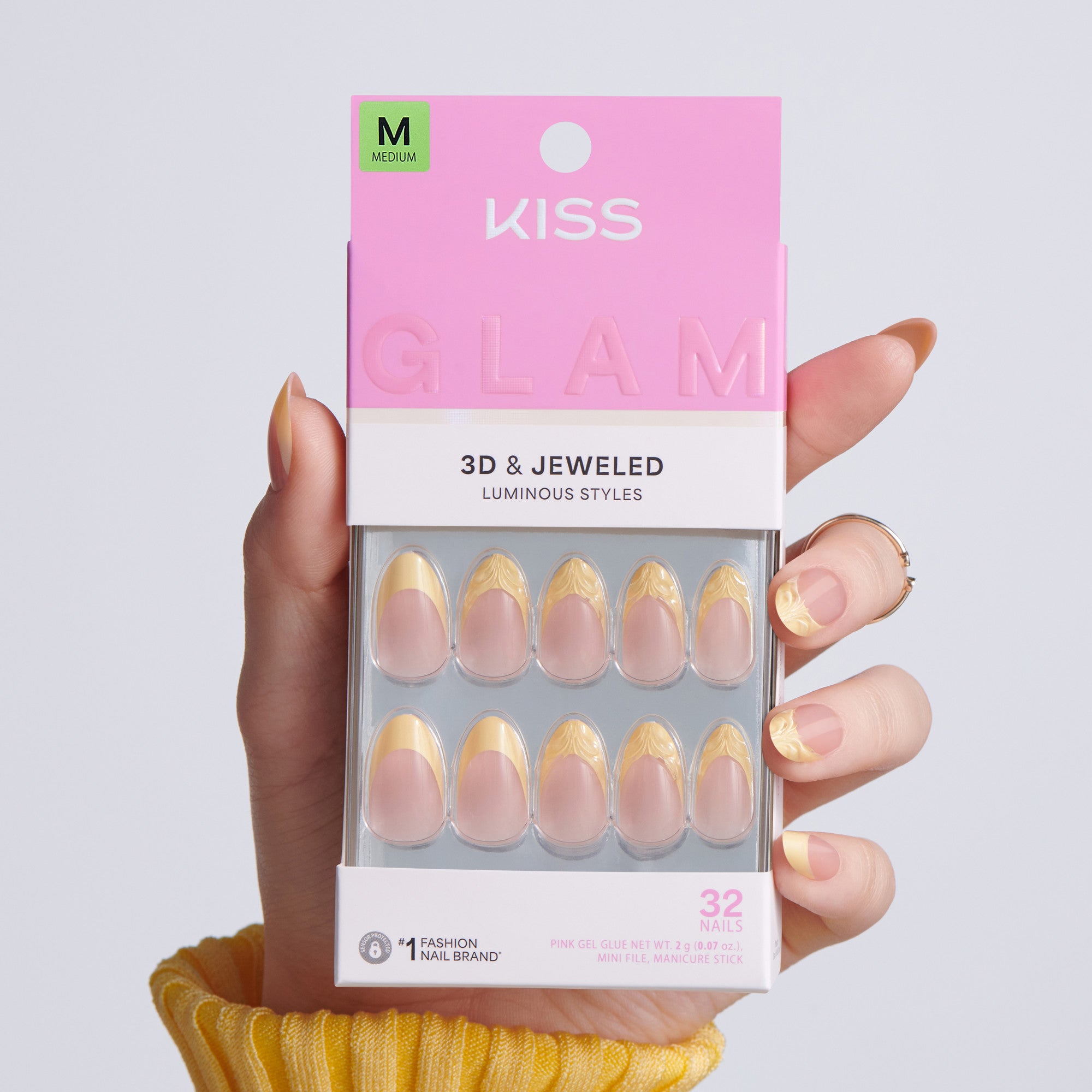 Kiss Glam Jeweled Press On Fake Glue Nails - Gleam Catcher | 3D & Jeweled French, Yellow, Medium, Almond