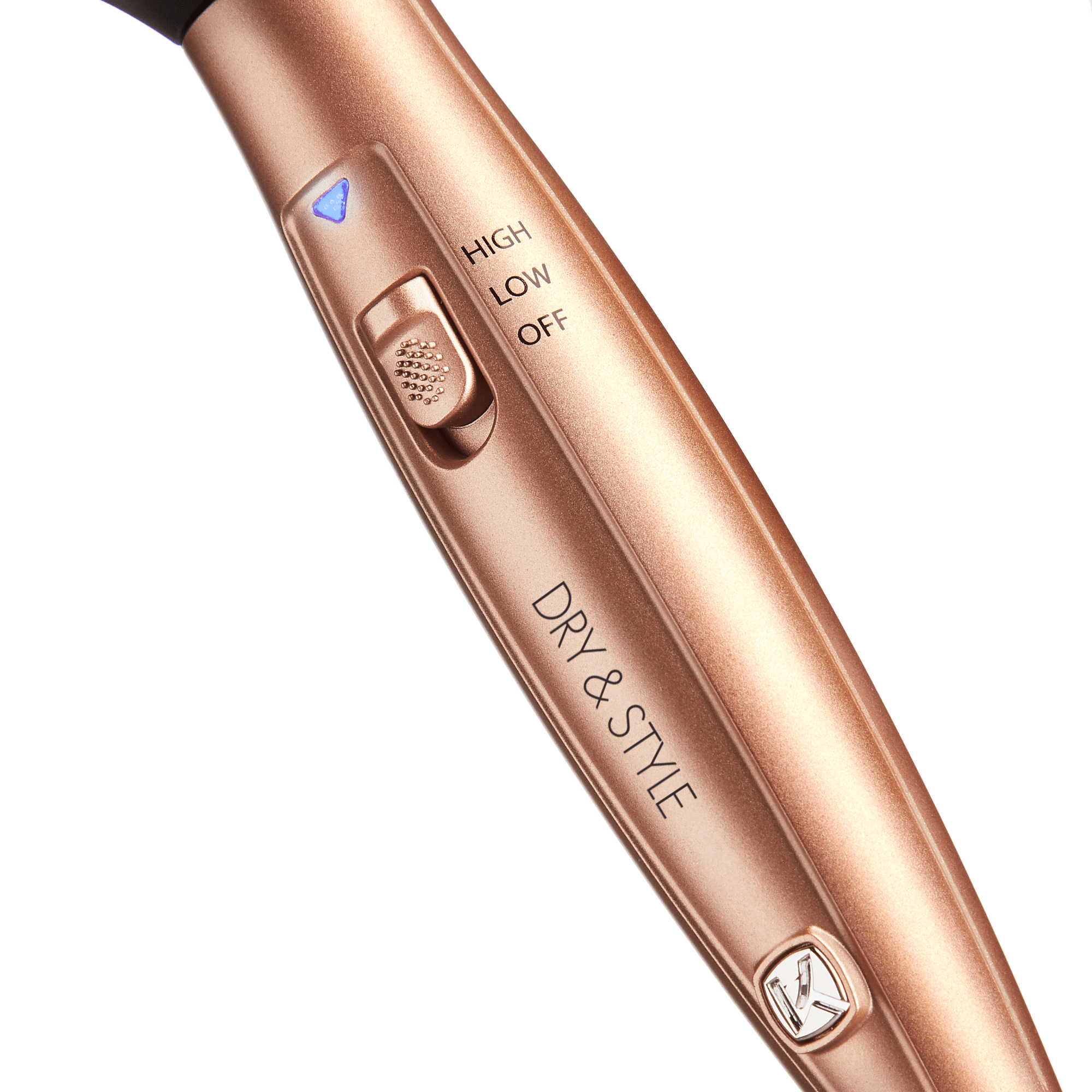 The image shows a close-up of a hair styling tool, specifically a hair dryer. The handle is metallic rose gold in color and features several controls. There is a switch with three settings labeled "HIGH," "LOW," and "OFF." Below the switch, the words "DRY & STYLE" are printed. There is also a small button with a symbol that appears to be for a cool shot function. The design is sleek and modern, with a focus on functionality and style.