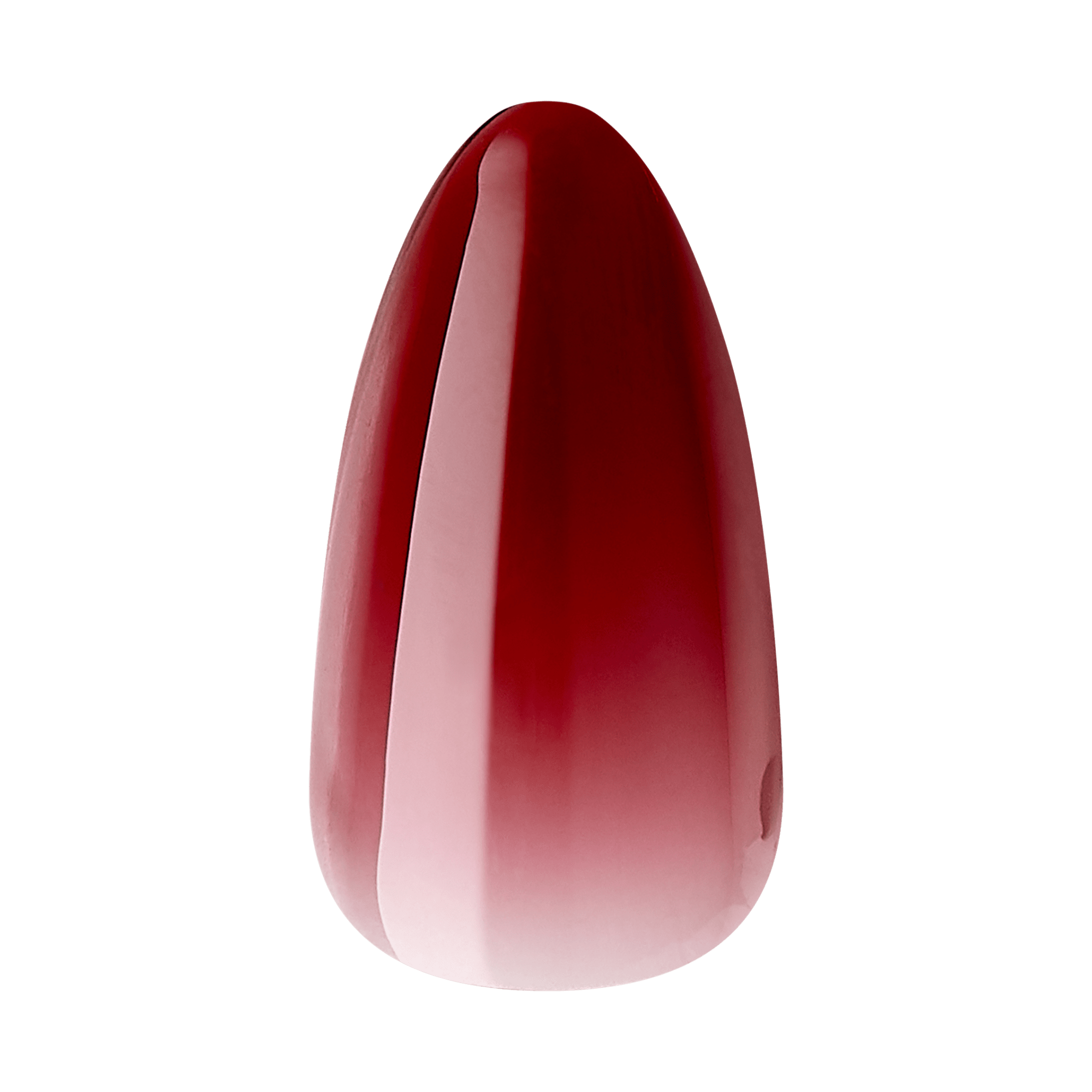 The image shows a smooth, elongated, and tapered object with a glossy finish. The object has a gradient color scheme, transitioning from a deep red at the top to a lighter pinkish hue towards the bottom. The surface appears reflective, indicating a polished or lacquered material. The overall shape is reminiscent of a teardrop or a cone with rounded edges.