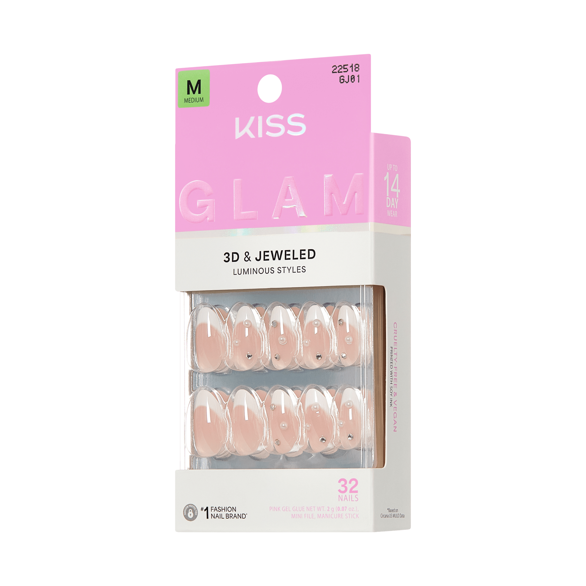 KISS Glam 3D & Jeweled Luminous Nude Press-On Nails, Medium, 32 Count