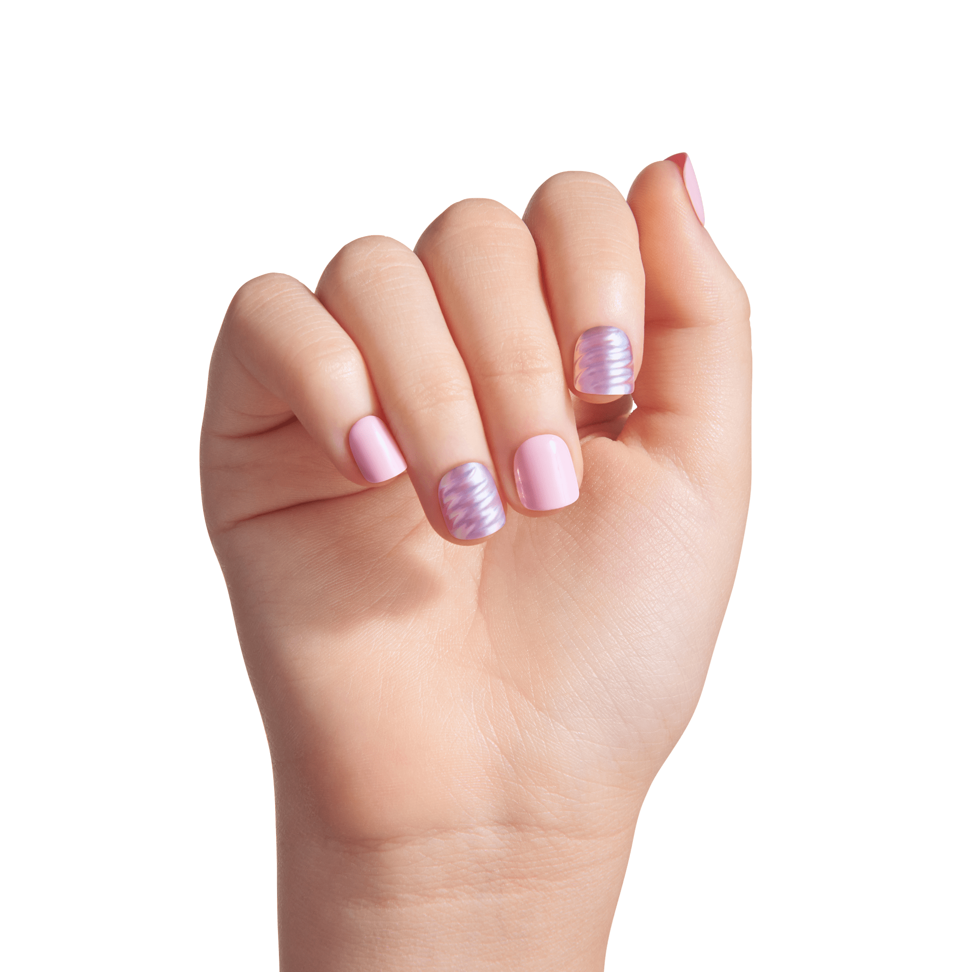 Hand displaying manicure with pink and purple striped nail polish design.