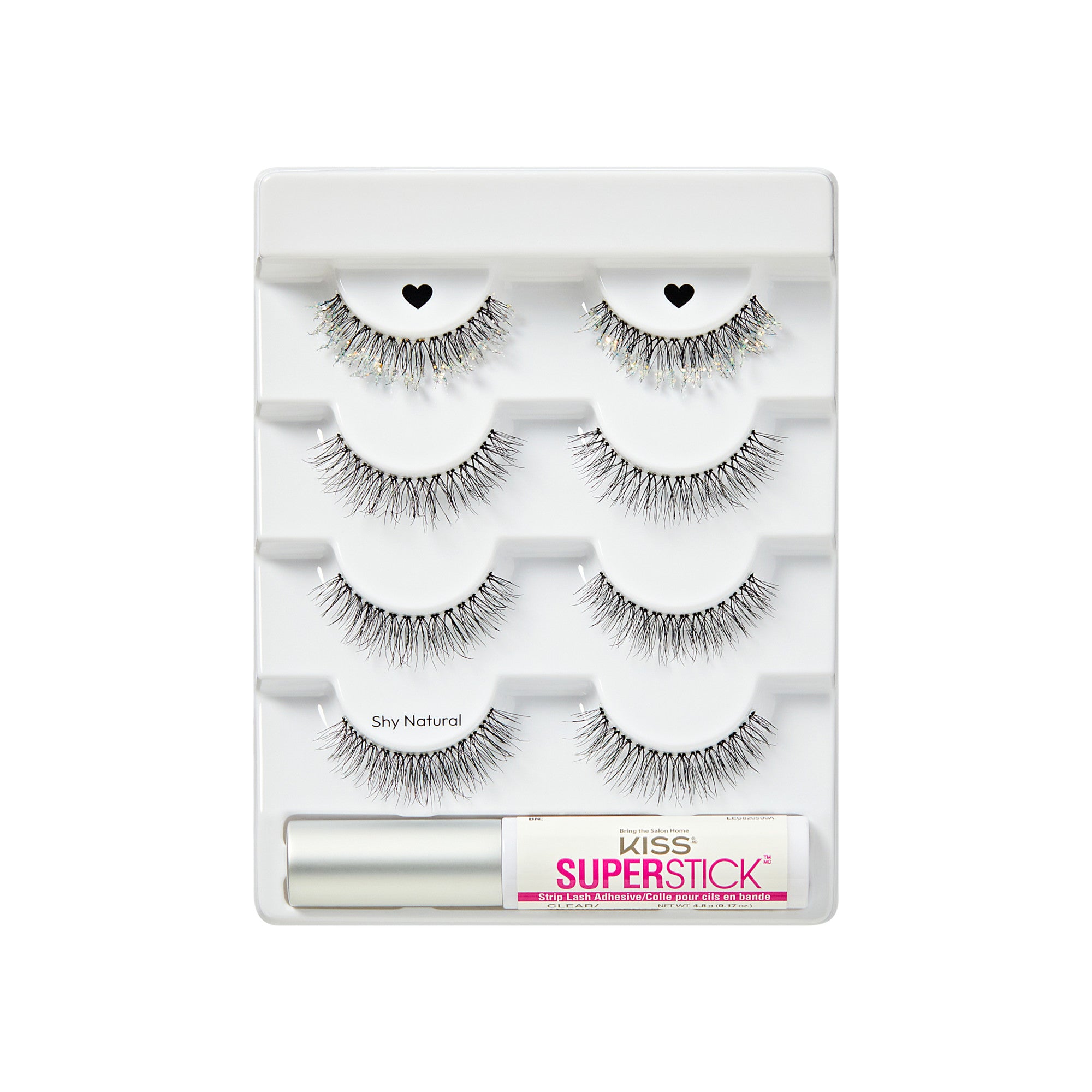 KISS Superstick false eyelash kit with adhesive and 4 pairs of Shy Natural lashes