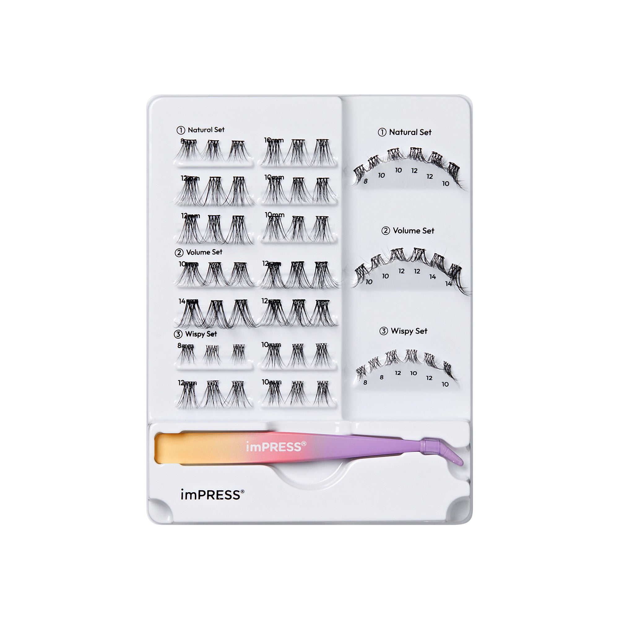 imPRESS lash collection set with Natural, Volume, and Wispy styles plus applicator tool.