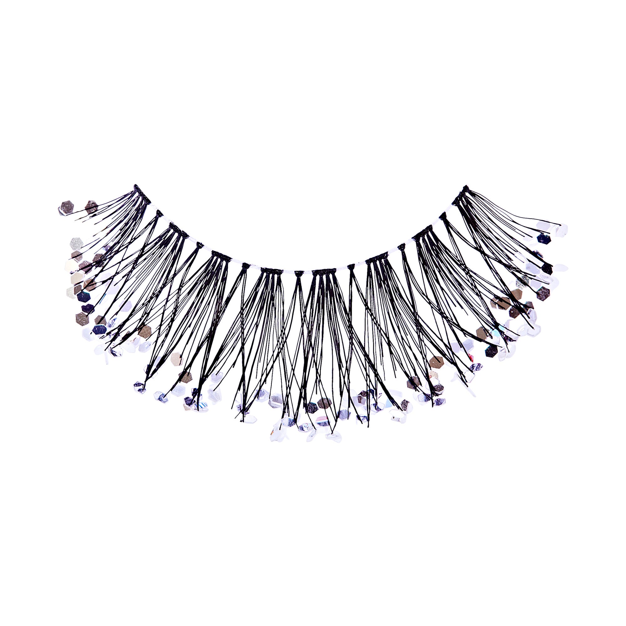 The image shows a statement necklace with a unique design. The necklace features numerous black cords, each adorned with small, irregularly shaped beads. The beads are a mix of colors, including shades of white, gray, and black, giving the necklace a varied and textured appearance. The cords are attached to a central band, creating a fringe-like effect that fans out when worn. The overall design is bold and eye-catching, suitable for making a fashion statement.