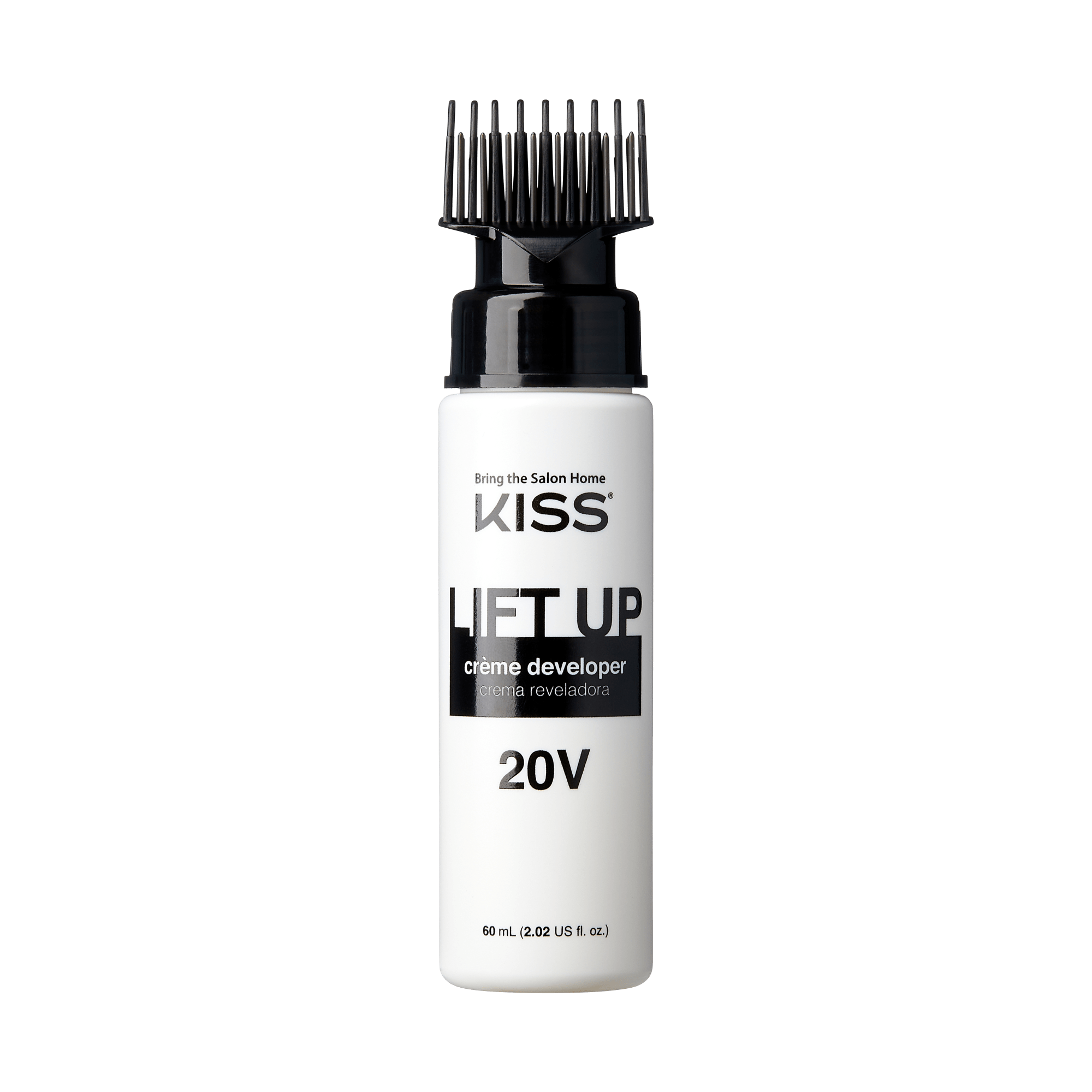 White bottle of KISS Lift Up crème developer with black applicator comb cap, labeled \