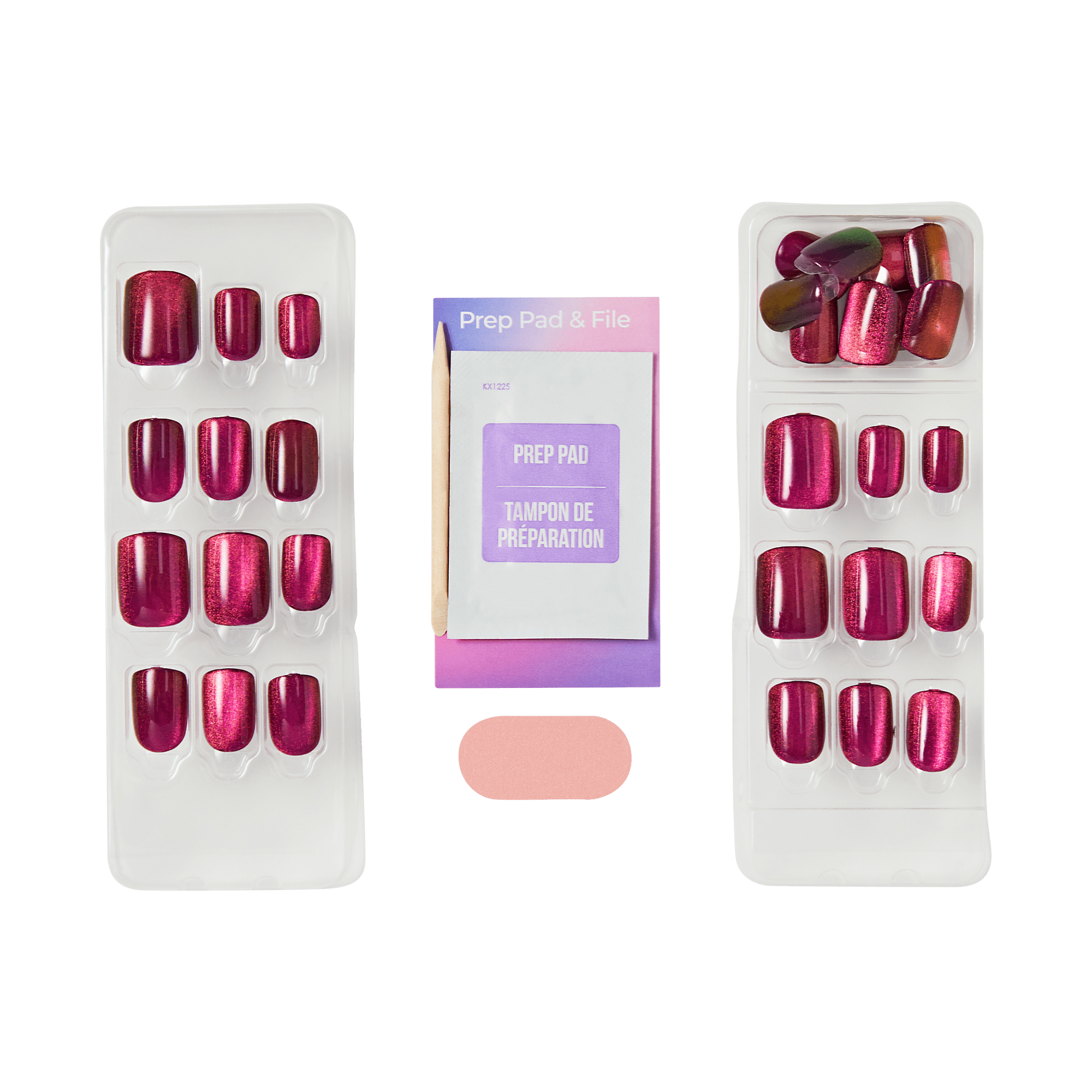 Packaging of pink nails and a prep pad and pink file on a transparent background