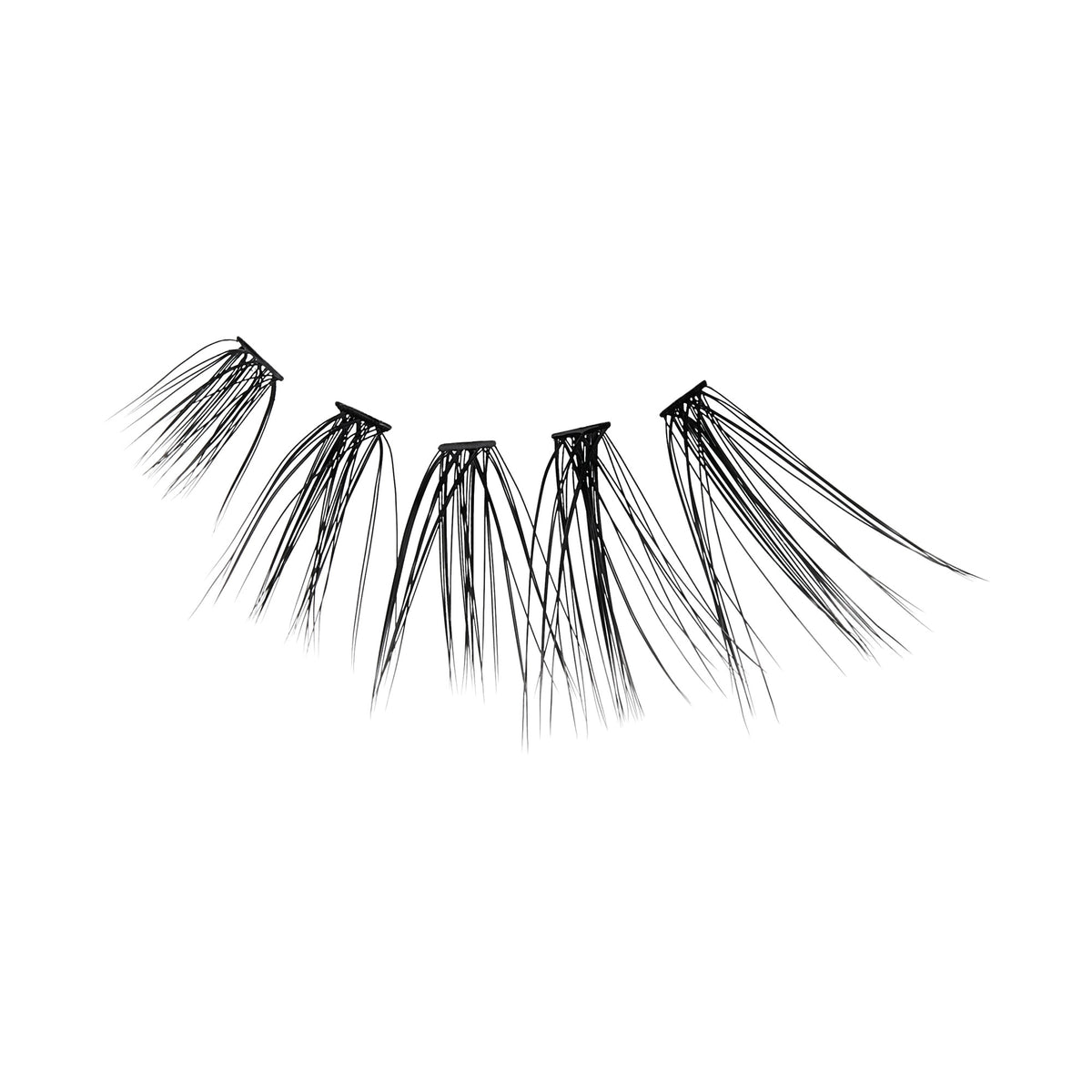 The image features a set of false eyelashes arranged in a curved shape. The lashes are long and thin, with a natural-looking texture. They are black in color and appear to be attached to a strip at the base, which is typical for false eyelash designs. The background is plain white, emphasizing the lashes&