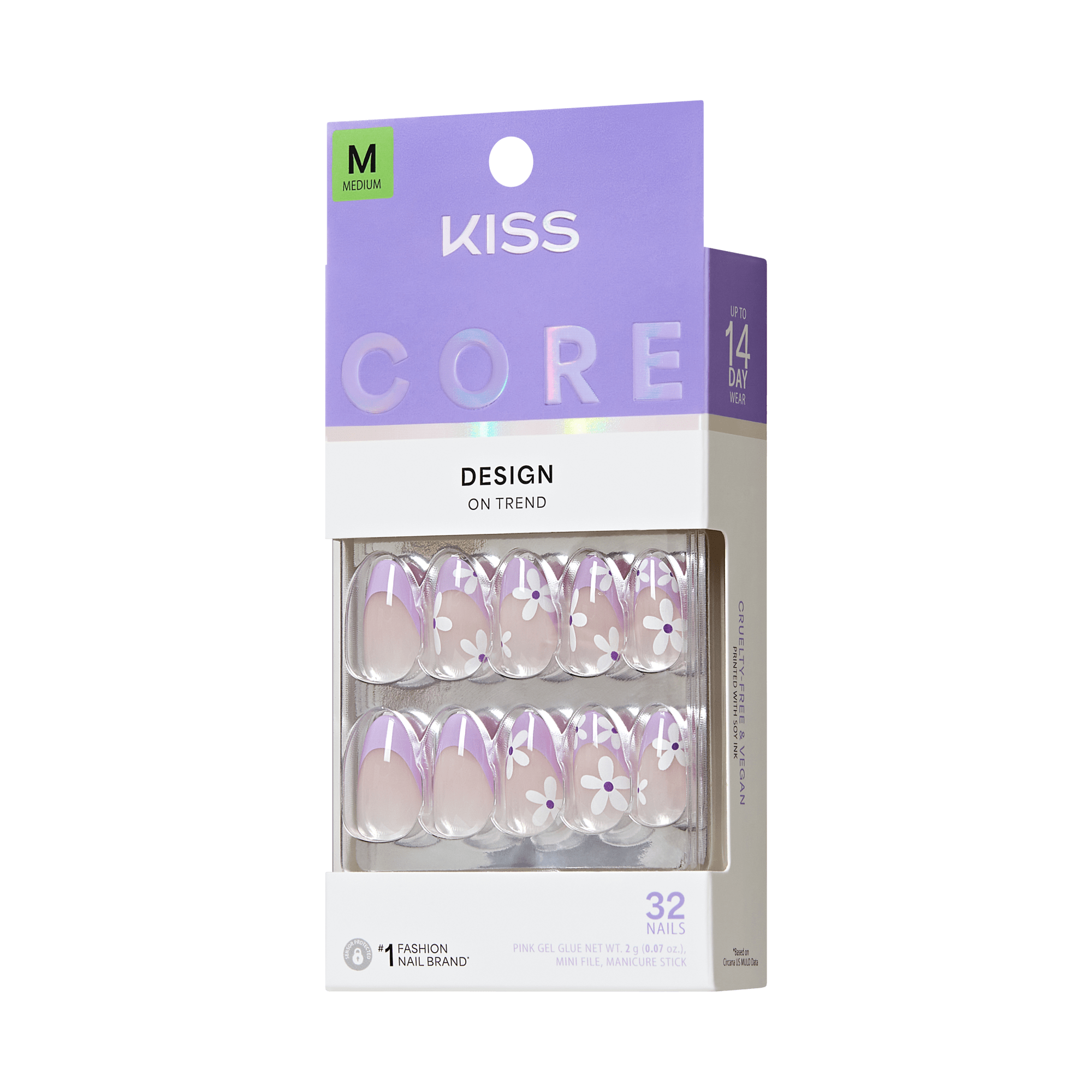 KISS Core Design On Trend press-on nails, medium size, 32 nails with purple floral pattern.